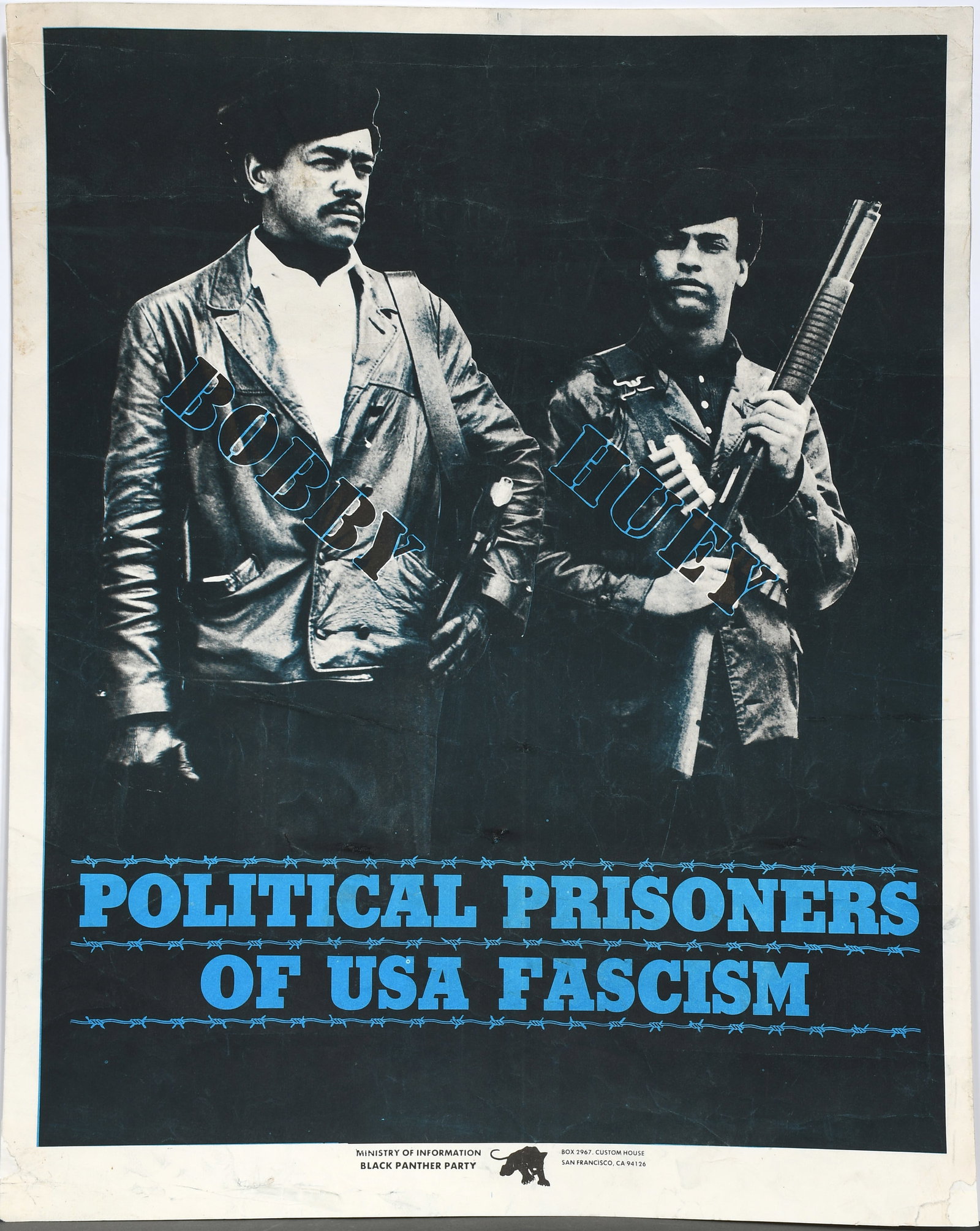 Huey Newton and Bobby Seale. Political Prisoners of U. S. A. Fascism.: (Black Panthers) Huey Newton and Bobby Seale. Political Prisoners of U.S.A. Fascism. c. 1960's. Blue and white printed on black background poster. Some wrinkling, paper backed with some professional c
