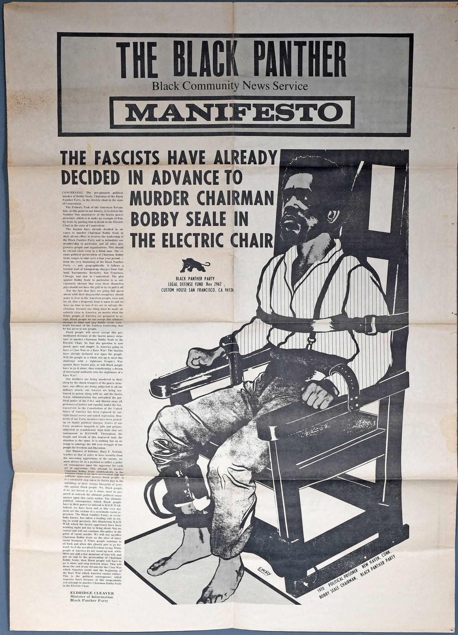 Black Panther Party. The Black Panther Manifesto.: Black Panther Party. The Black Panther Manifesto. c.1970. Offset lithograph poster on newsprint with text and illustration. Creases where folded, minor stains and foxing otherwise great condition. 23"