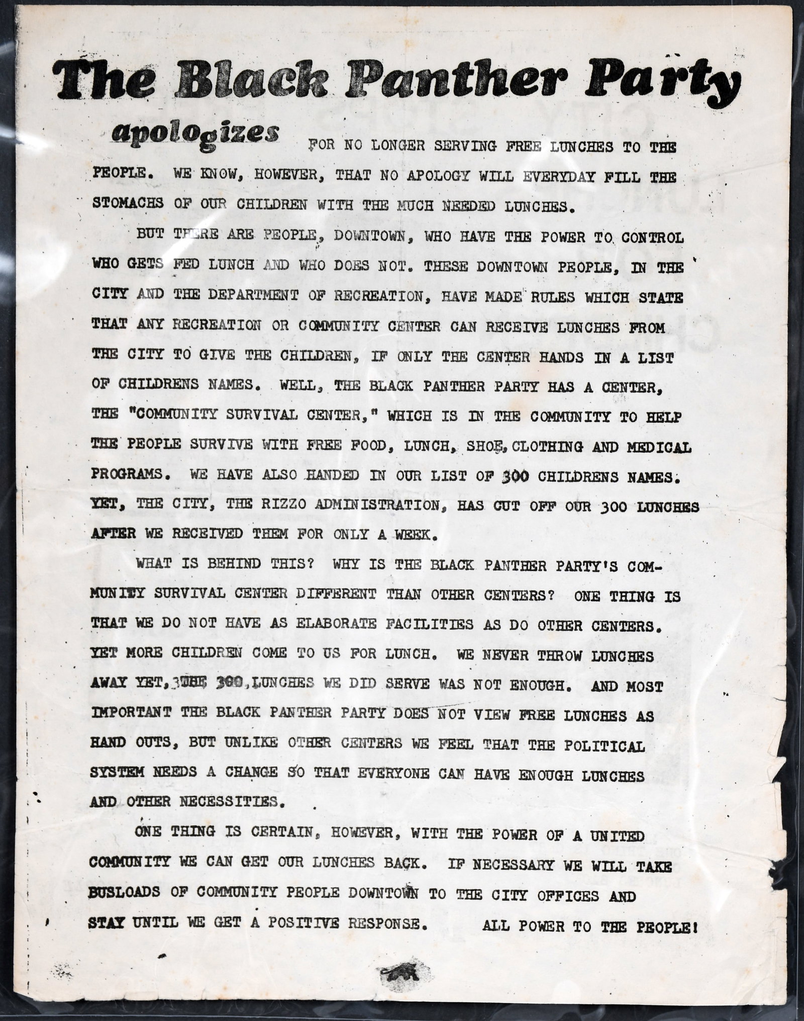Black Panthers Broadside. The Black Panther Party Apologizes & City Stops Free Lunches For: Black Panthers Broadside. The Black Panther Party Apologizes & City Stops Free Lunches For Children. c. 1972. Original mimeographed broadside, two-sided, printed in black on white stock. 8.5" x 11". M