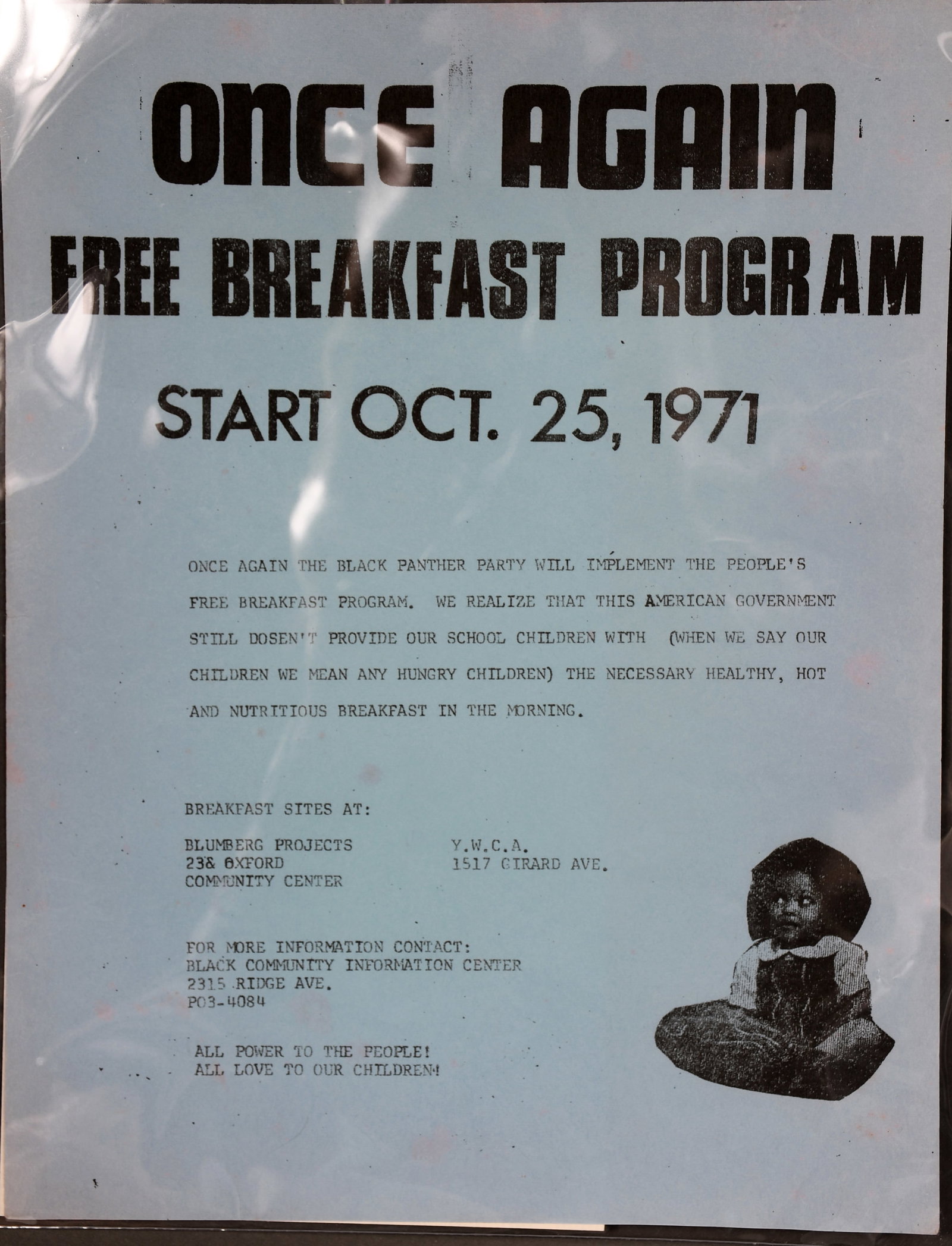 Black Panthers Broadside. Once Again Free Breakfast Program.: Black Panthers Broadside. Once Again Free Breakfast Program.1971. Original mimeographed broadside, printed in black on light blue stock. 8.5" x 11". Slight fading on edges otherwise excellent conditio