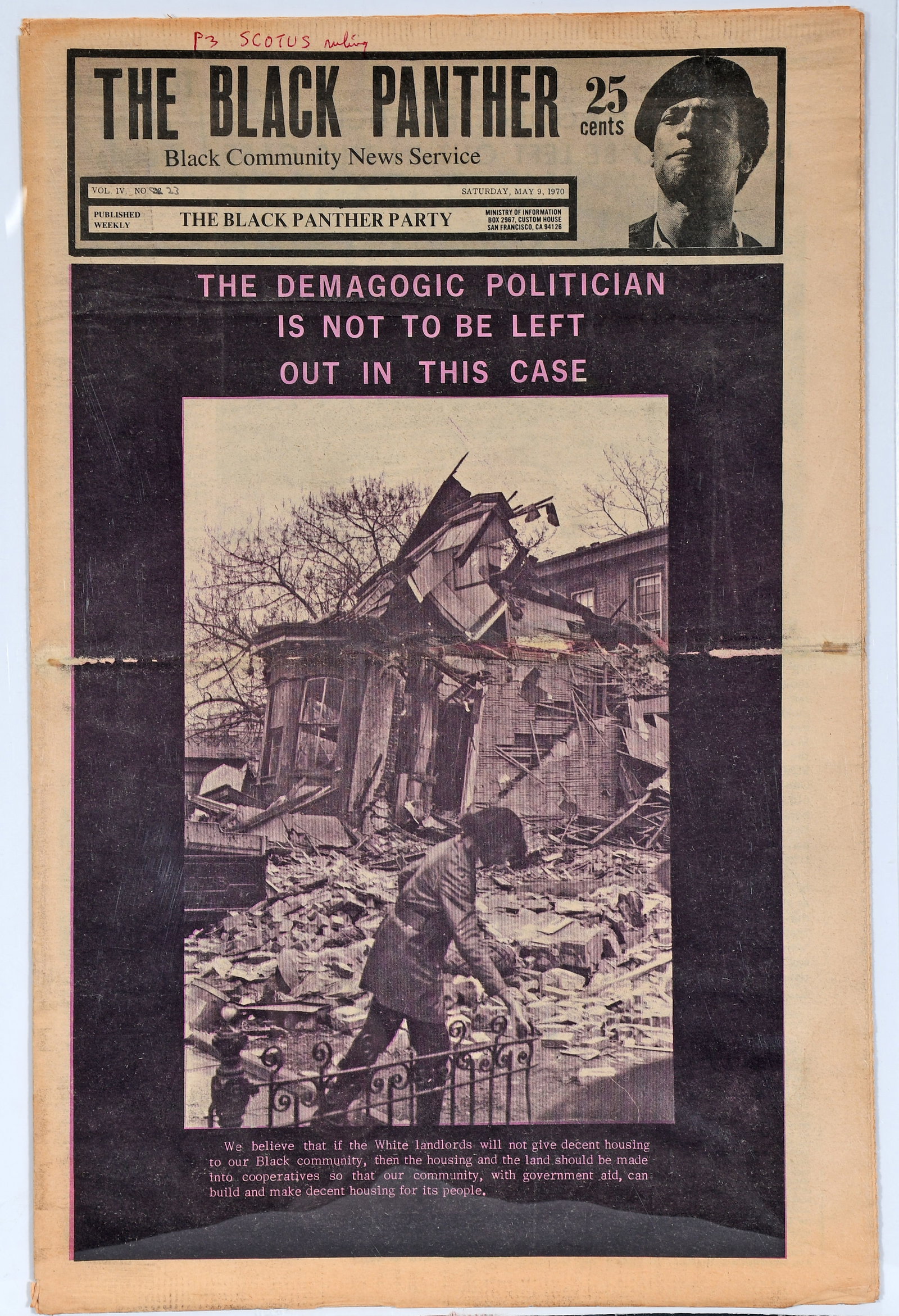 The Black Panther Intercommunal News Service. Vol. IV, No. 22. The Demagogic Politician Is Not To: The Black Panther Intercommunal News Service. Vol. IV, No. 22. The Demagogic Politician Is Not To Be Left Out in This Case. May 9th, 1970. Tabloid Format printed in color on newsprint. Single horizont