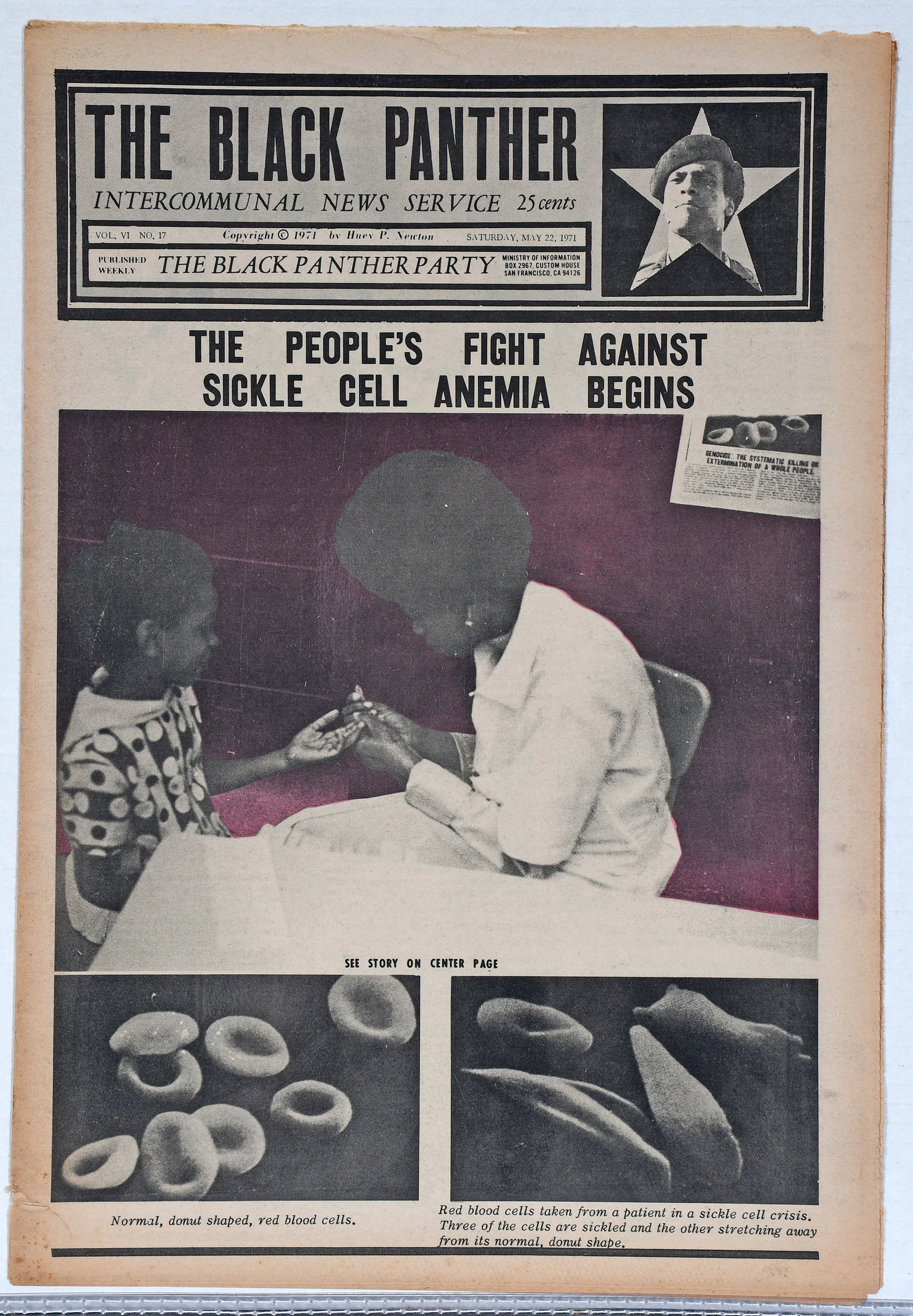 The Black Panther Intercommunal News Service. Vol. VI. No. 17. The People’s Fight Against Sickle: The Black Panther Intercommunal News Service. Vol. VI. No. 17. The People’s Fight Against Sickle Cell Anemia Begins. May 22nd, 1971. First Edition. Tabloid format printed on newsprint. Foxing with l