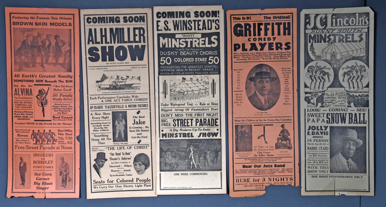 Minstrel Show Broadside. Five double-sided advertisements.: Minstrel Show Broadside. Group of five double-sided advertisements. c. 1930's to 1940's. Print on newsprint. Minor loss and some tearing, overall very good condition for age. Average size is 9" x 24".