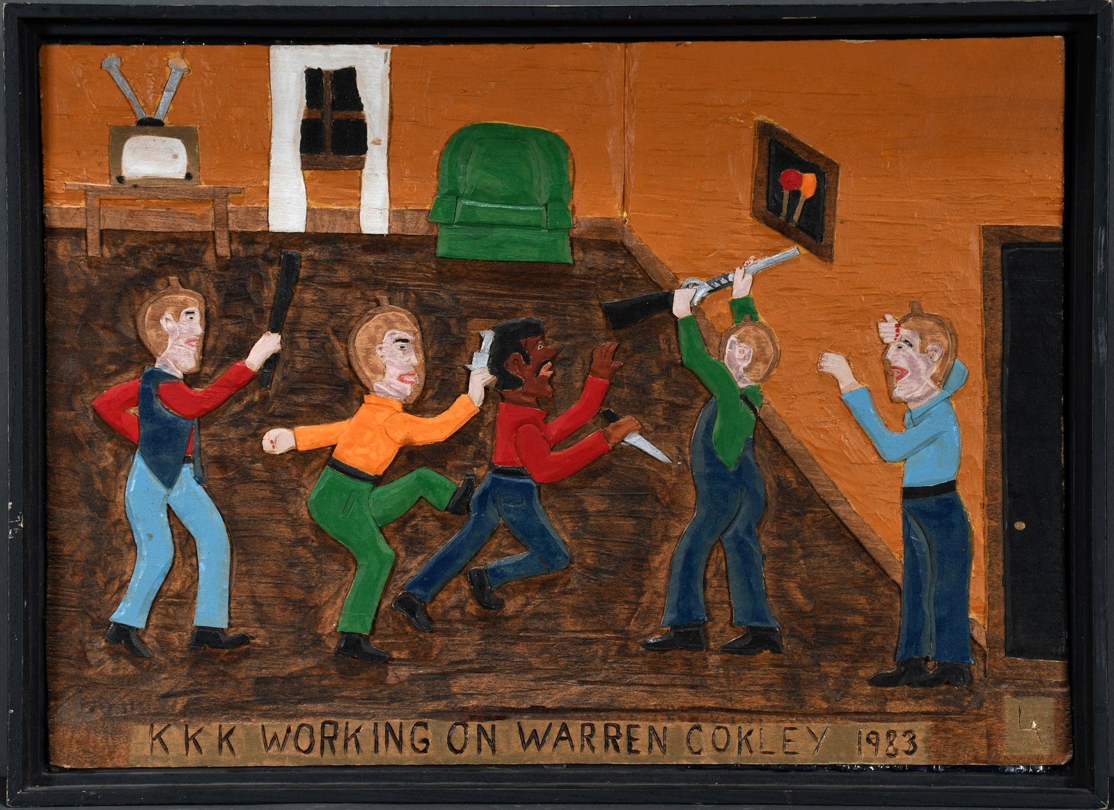Leroy Almon. KKK Working on Warren Cokley.: Leroy Almon. KKK Working on Warren Cokley. 1983. Signed, dated and titled. Carved and painted wood relief plaque. Excellent condition. Size with frame is 18.5" w x 13.5" h. Georgia Ku Klux Klansmen br