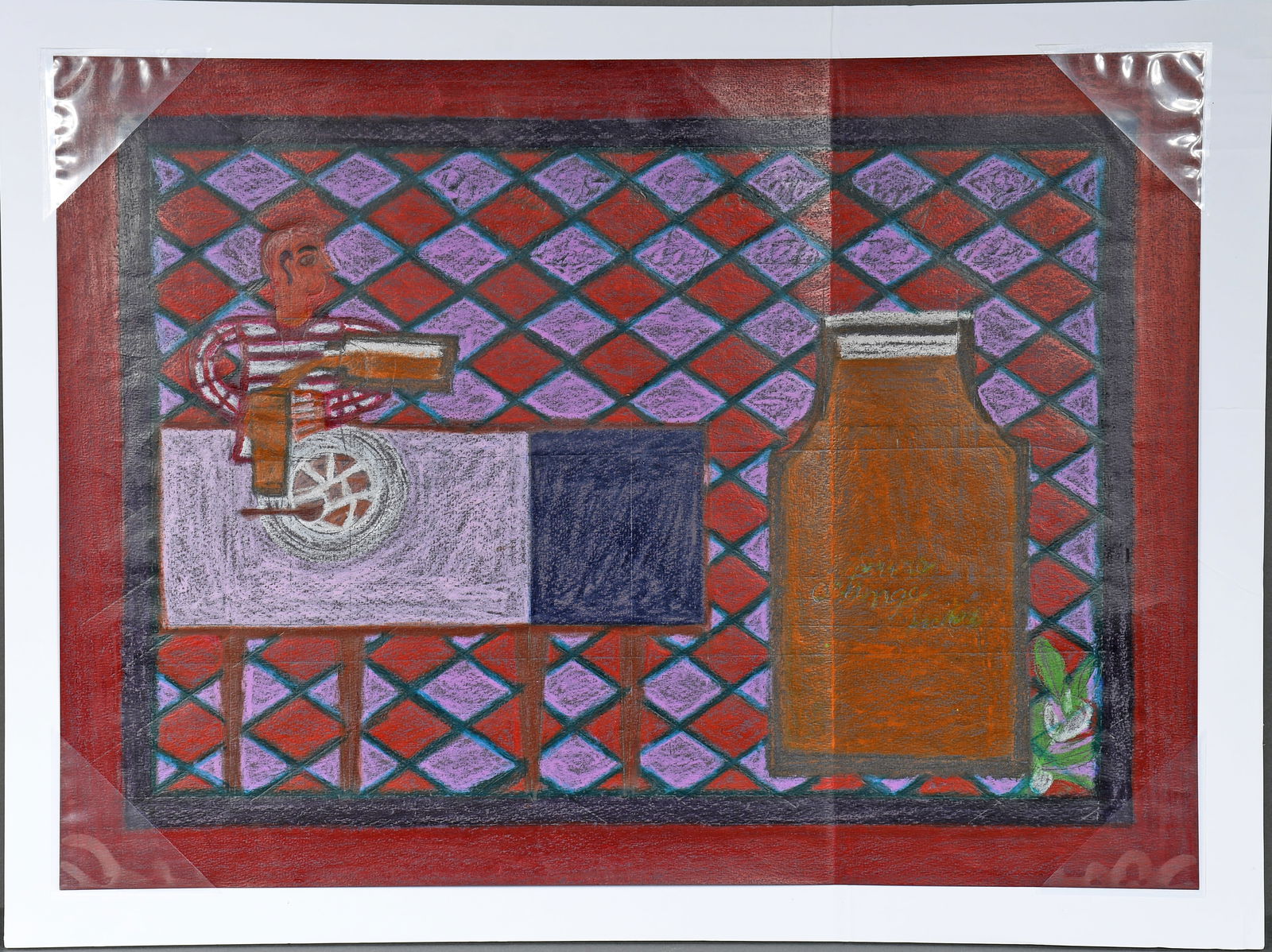 Eddie Arning. Orange Juice Advertisement.: Eddie Arning. Orange Juice Advertisement. Not signed. Craypas on paper. Crease down right side otherwise good to fair condition. 22" w x 16" h. Est. $1,000-2,000. Ship: $45