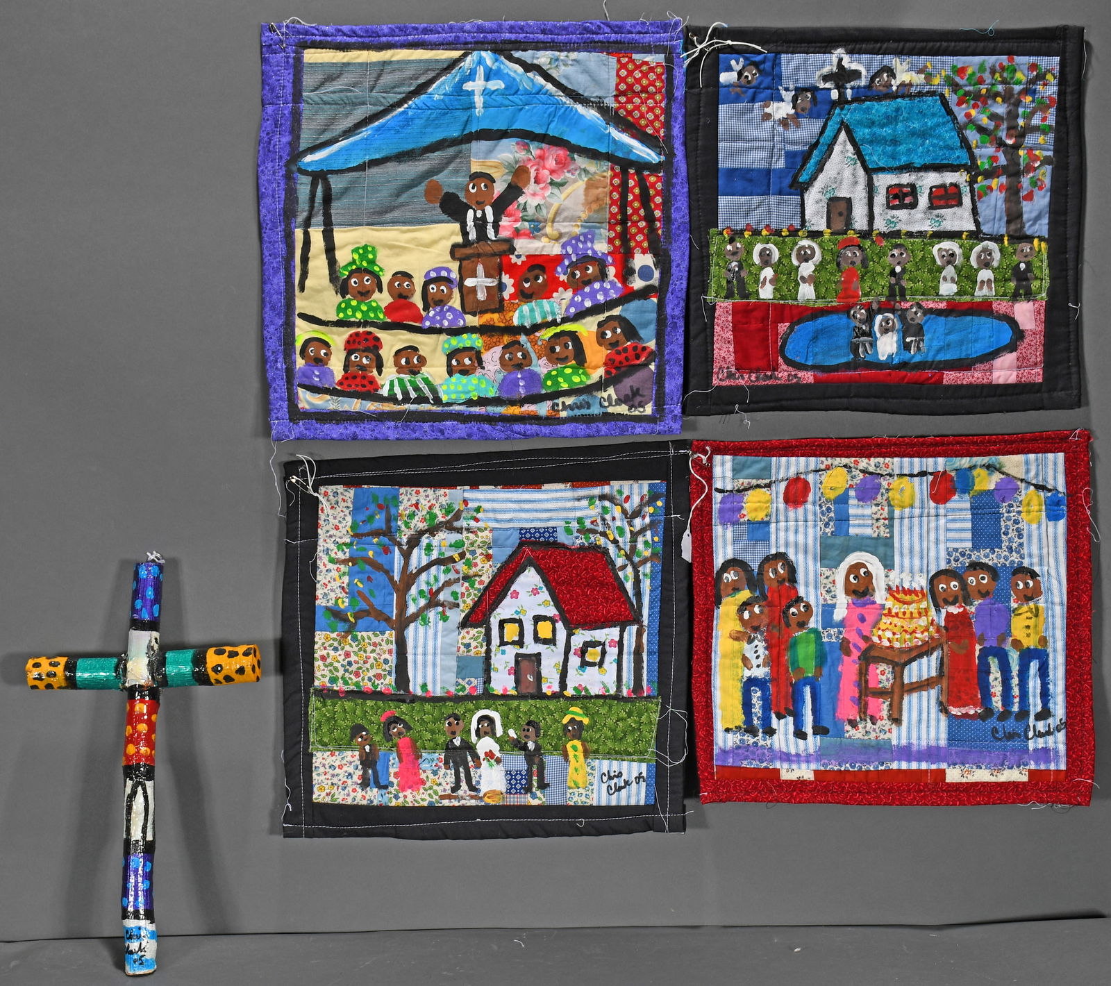 Chris Clark. Four Mini Quilts and a Cross.: Chris Clark. Four Mini Quilts and a Cross. 2005. Signed and dated. Hand-sewn and painted fabric and wood and painted construction. 16" w x 16" h. Provenance: The Richard Harris African American Experi