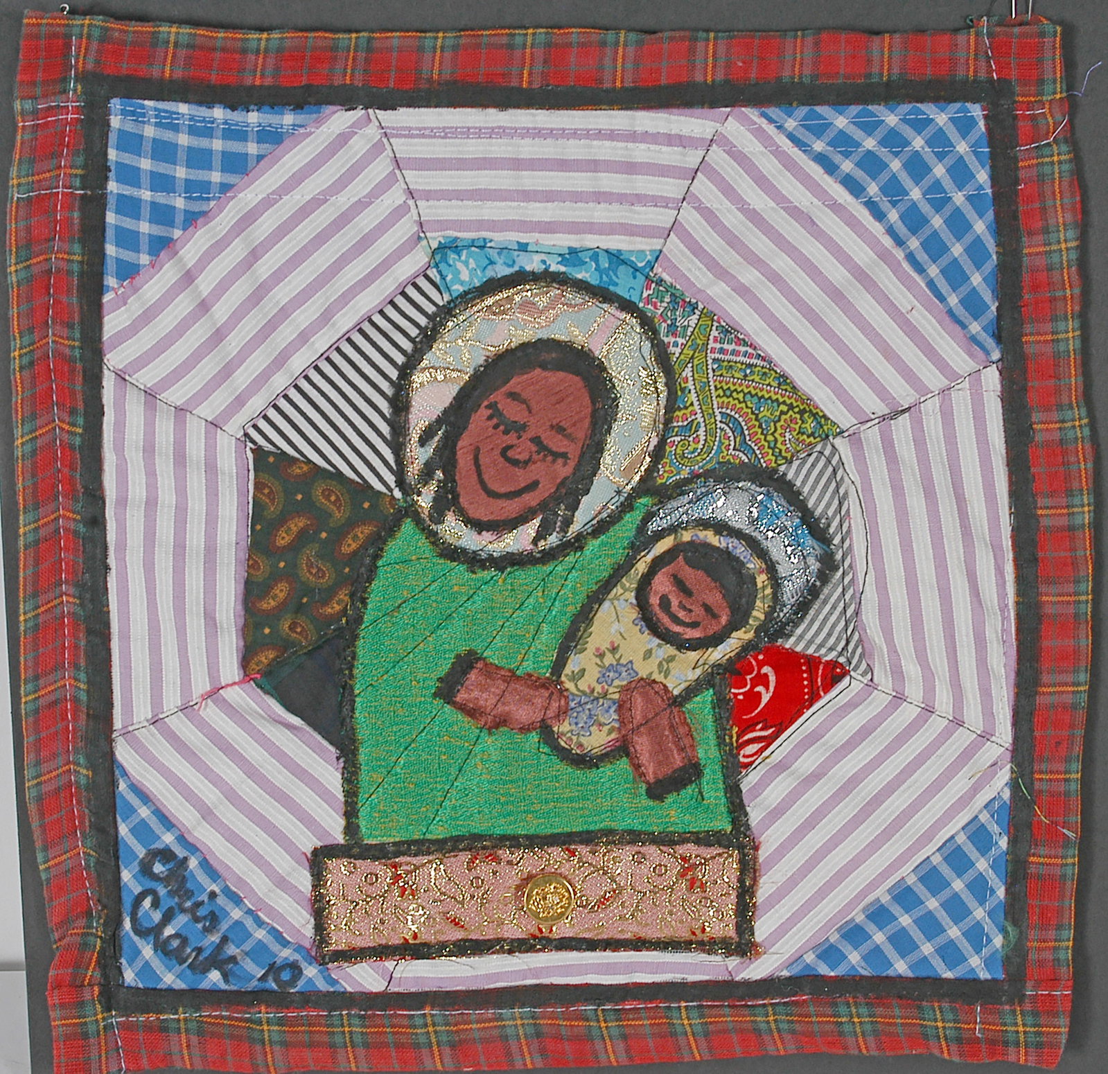 Chris Clark. Madonna and Child Quilt.: Chris Clark. Madonna and Child Quilt. 2010. Signed and dated. Paint on handmade cotton quilt. Excellent condition. 12" x 12". Est. $100-150. Ship: $30