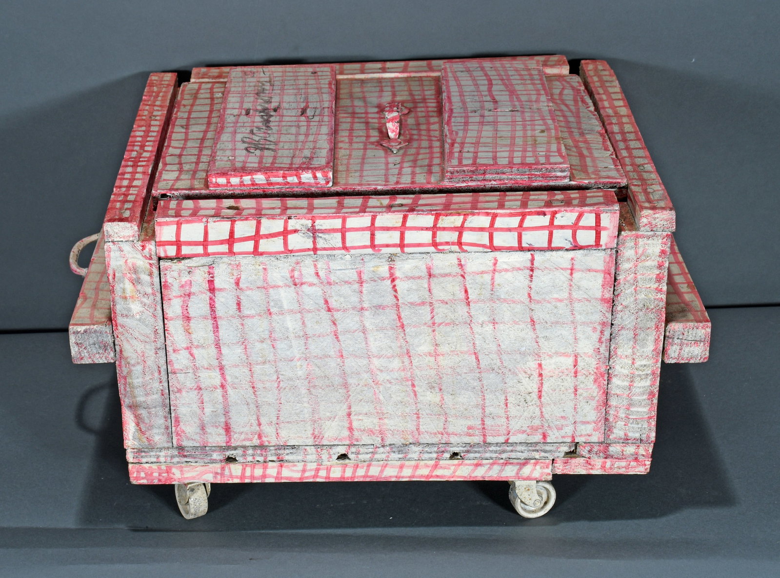 Z.B Armstrong. Doomsday Safe on Wheels.: Z.B Armstrong. Doomsday Safe on Wheels. Signed. Paint and marker on primitive constructed box with handles and wheels. Slight fading otherwise good condition. 13" x 22" x 15". Est. $200-$400. Ship: $8