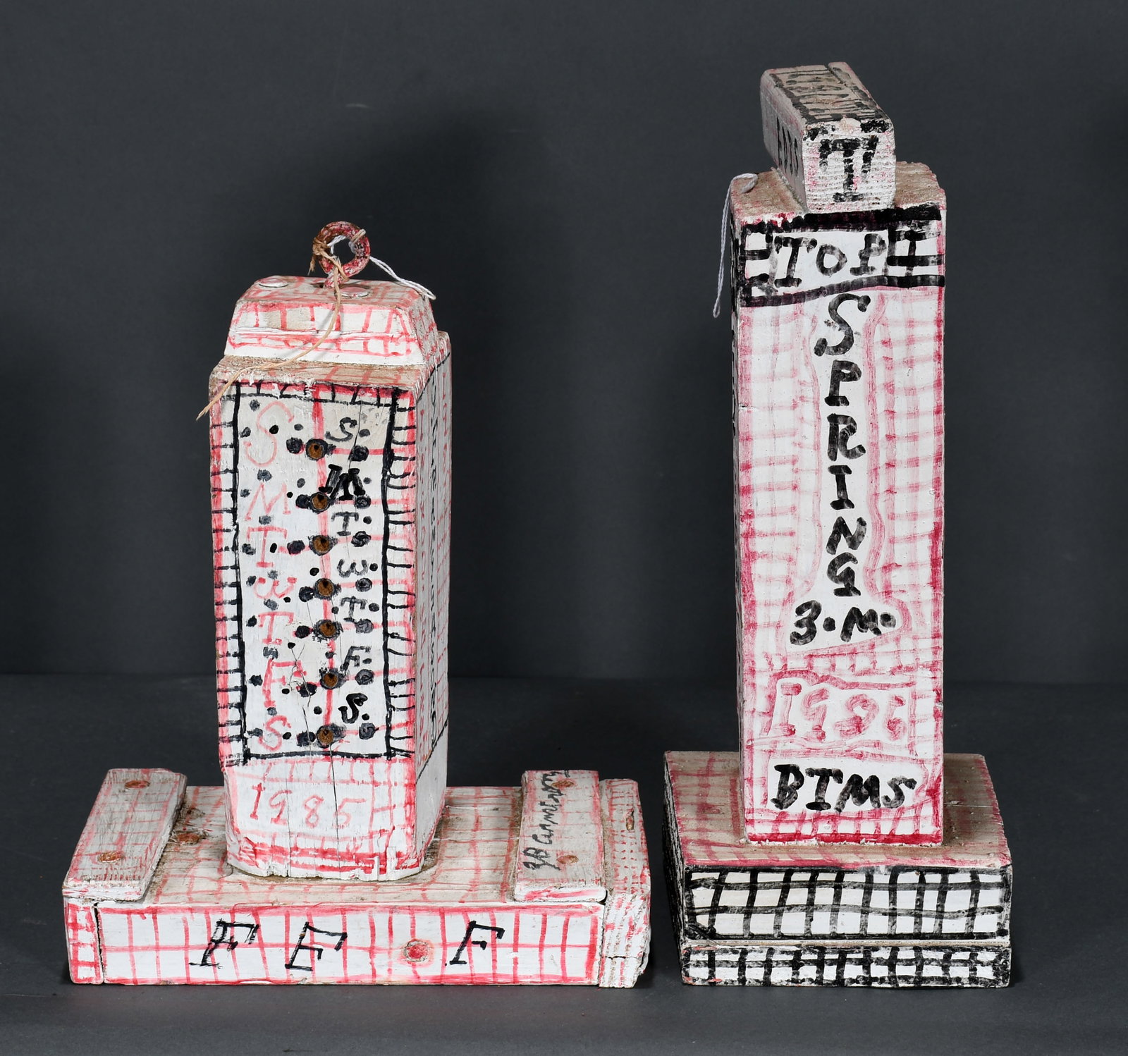 Z.B. Armstrong. Pair of Doomsday Towers.: Z.B. Armstrong. Pair of Doomsday Towers. 1986. Signed and dated. Paint and marker on wood construction. Great condition. Largest is 15" h. Est. $200-$300. Ship: $75