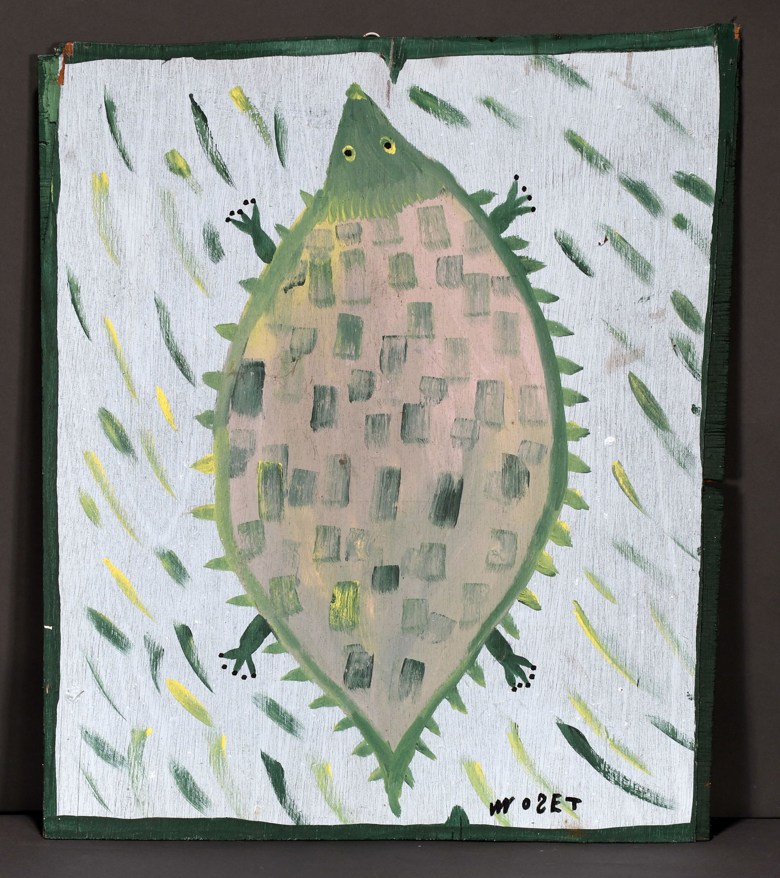 Mose Tolliver. Goatferd Turtle.: Mose Tolliver. Goatferd Turtle. c. early 1980’s. Signed and titled. Paint on found board. Minor loss upper left otherwise excellent condition. 24" x 28". Est. $1,000-1,500. Ship: $75