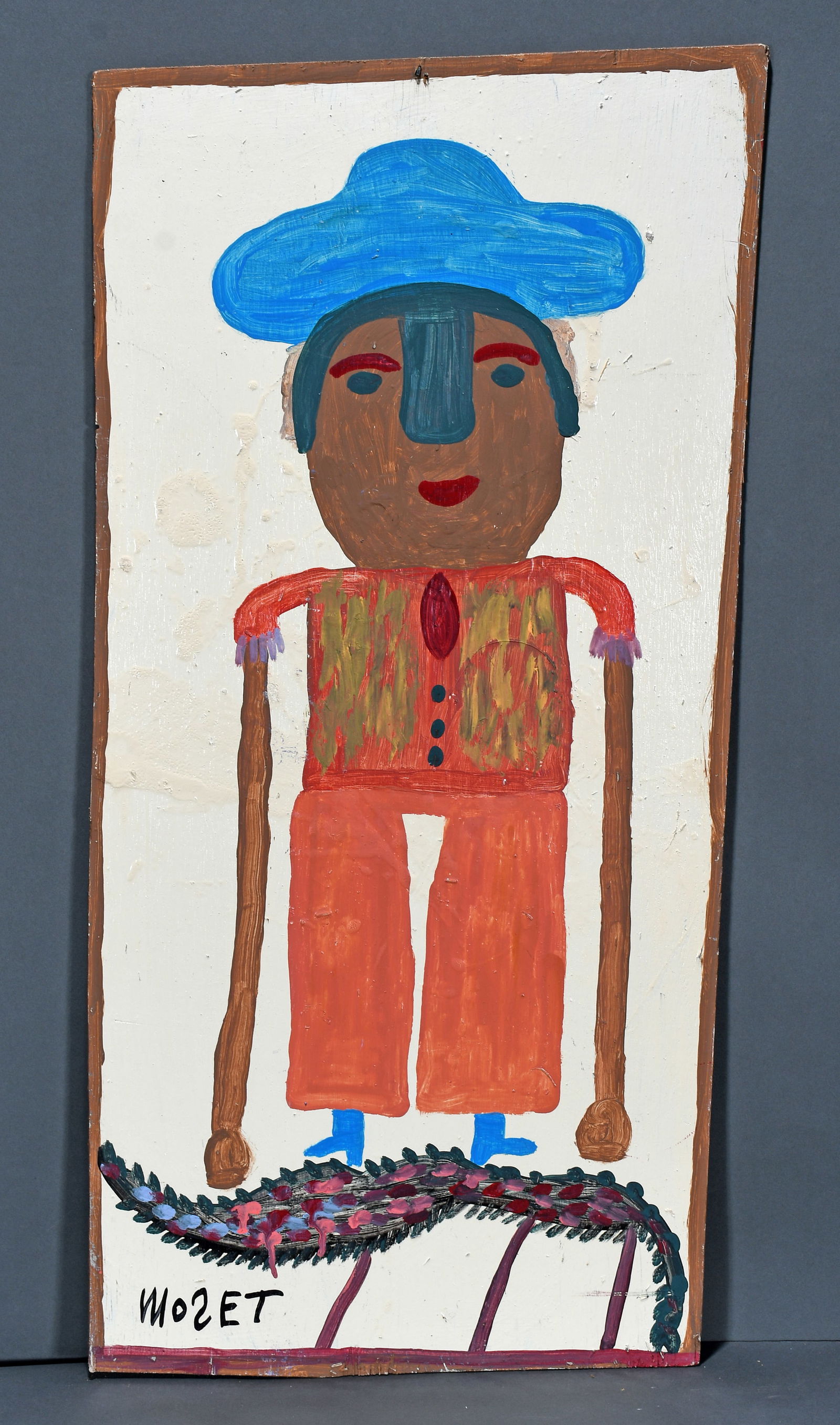 Mose Tolliver. Self Portrait Doing the Beep Bop Dancing.: Mose Tolliver. Self Portrait Doing the Beep Bop Dancing. Signed and titled. Paint on found board. Minor rub otherwise excellent condition. 16" x 33". Est. $1,000-1,500. Ship: $75