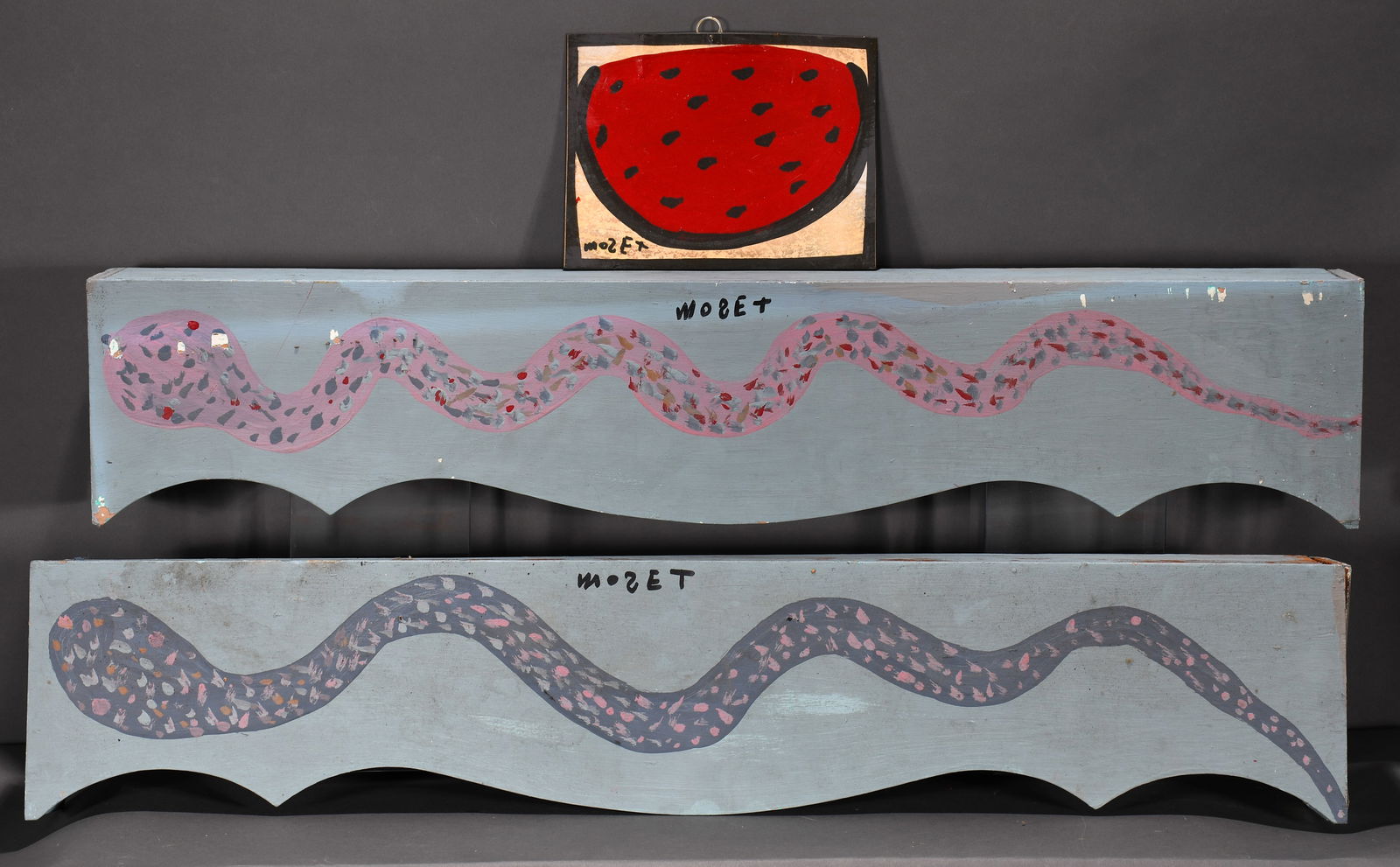 Mose Tolliver. Painted Window Boxes and Watermelon.: Mose Tolliver. Painted Window Boxes and Watermelon. Signed. Paint on wood. Minor paint loss otherwise good to fair condition. Average 41" w x 8" h x 5" d. Est. $300-500. Ship: $200