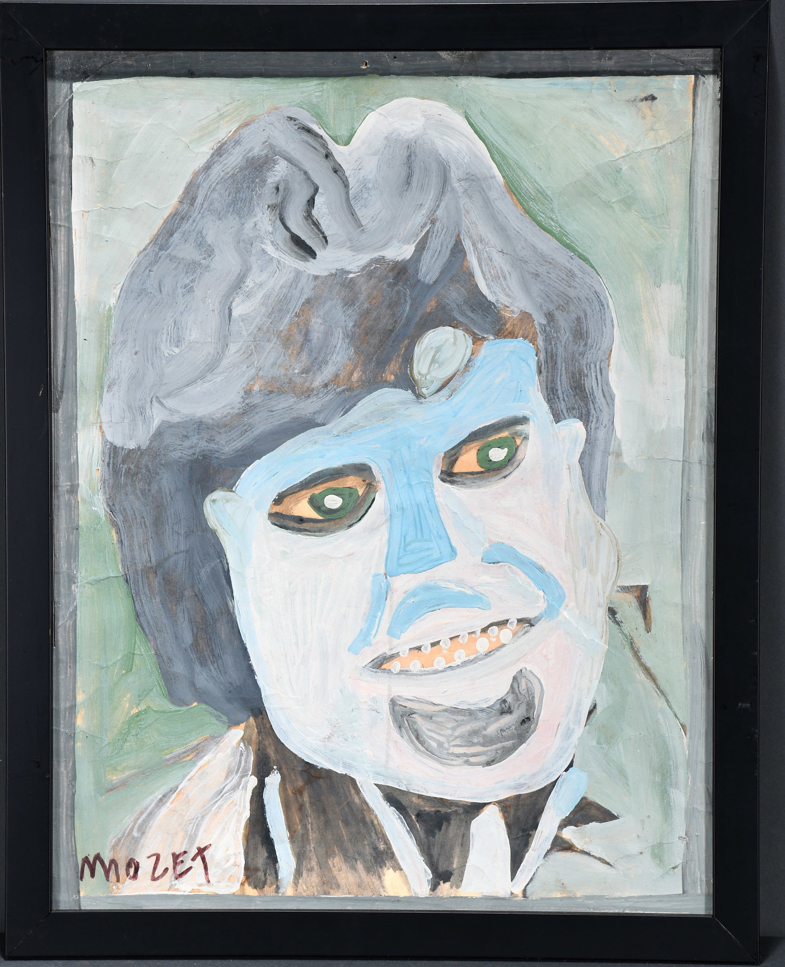 Mose Tolliver. James Brown Portrait.: Mose Tolliver. James Brown Portrait. Signed. Paint on found paper. Creases throughout otherwise good condition. Size with frame 17" w x 22" h. Est. $100-300. Ship: $45