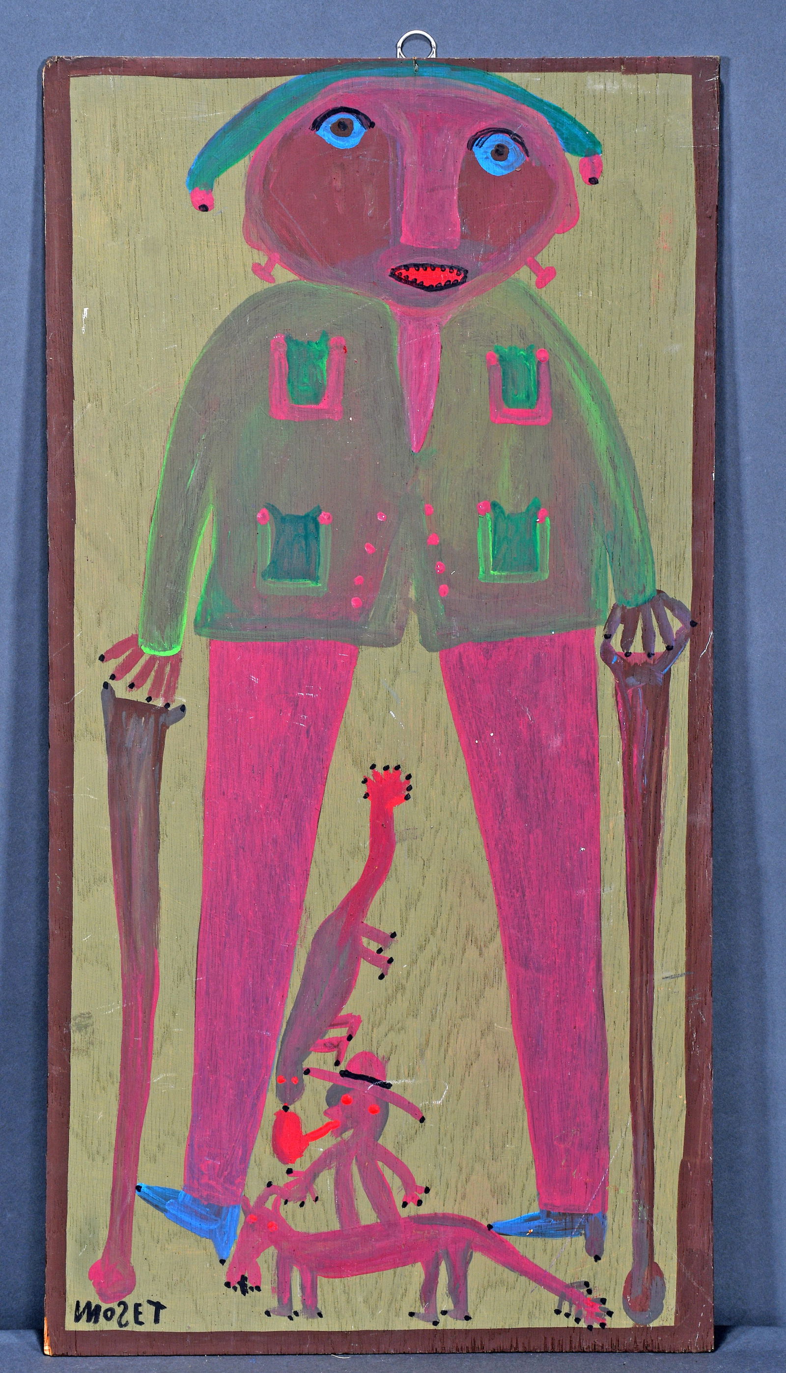 Mose Tolliver. Mose T in Person.: Mose Tolliver. Mose T in Person. c. 1980. Signed and titled. Paint on board. Minor wear on corner and surface grime otherwise very good condition. 15" x 29". Provenance: Phyllis Kind Gallery at OAF 20