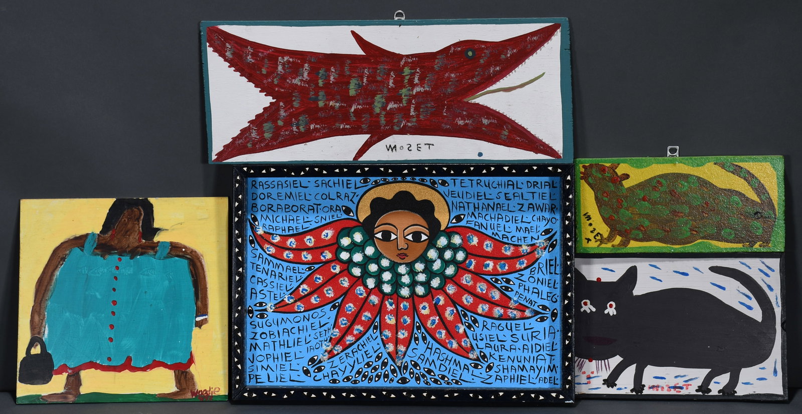 Laura James, Woodie Long and Mose Tolliver. Group Lot of Five Works.: Laura James, Woodie Long and Mose Tolliver. Group Lot of Five Works. Some signed. Paint on mixed media. Good to great condition. Largest: 19" w x 14" h. Provenance: The Jessica Weber Collection. Est. 