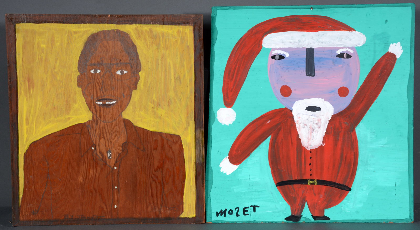 Jimmy T. and Mose T. Pair of Paintings.: Jimmy T. and Mose T. Pair of Paintings. Signed. Paint on board. Good to fair condition. Average size is 16" x 16". Provenance: The Gary Davenport Collection. Est. $100-200. Ship: $45