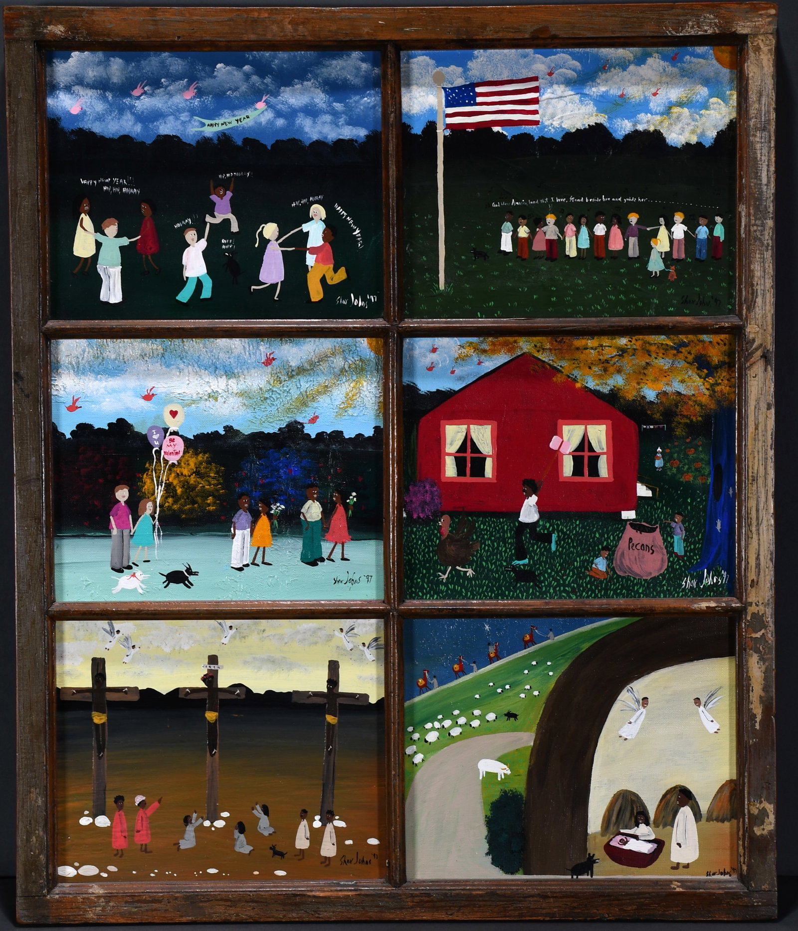 Sharon Johnson. Six Works Framed Together.: Sharon Johnson. Six Works Framed Together. 1997. Signed and dated. Oil on canvas panel. Good condition. Size with frame is 22" x 27". Est. $100-$200. Ship: $65