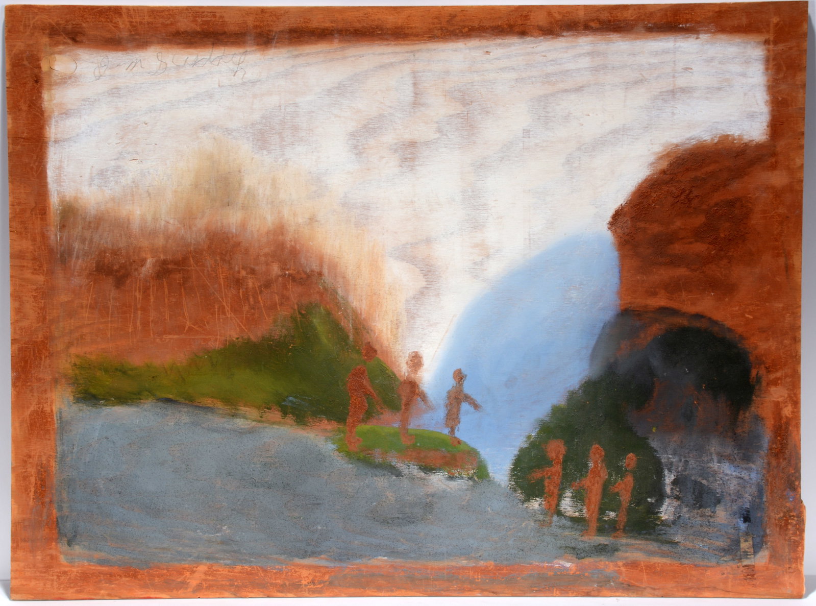 Jimmy Lee Sudduth. Gone Fishing.: Jimmy Lee Sudduth. Gone Fishing. Signed. Not dated. Paint and mud on board. Minor scratch, otherwise good condition. 32" w x 24" h. Est. $300-500. Ship: $75