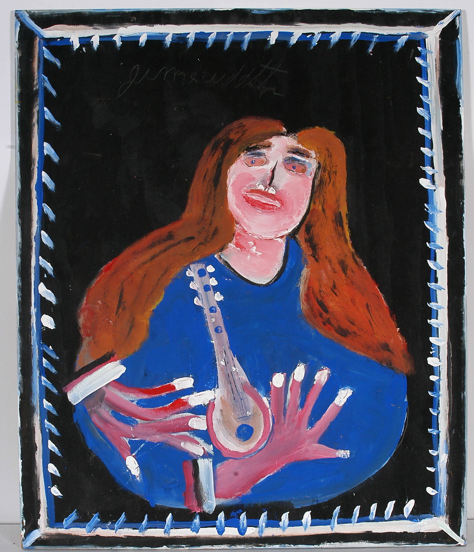 Jimmy Lee Sudduth. Woman with Mandolin.: Jimmy Lee Sudduth. Woman with Mandolin. Signed. Not dated. Paint and mud on board. Excellent condition. 28" w x 33" h. Est. $300-500. Ship: $150