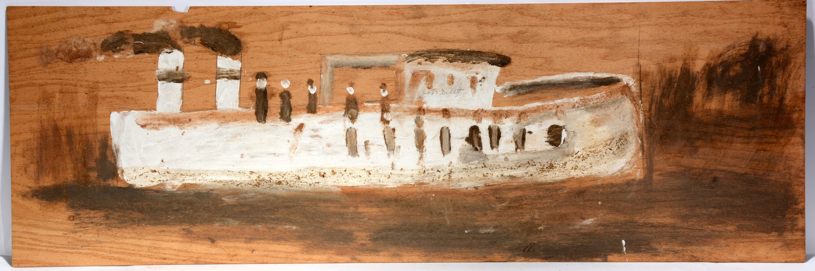 Jimmy Lee Sudduth. Steam Boat.: Jimmy Lee Sudduth. Steam Boat. Signed. Paint and mud on board. Excellent condition. 50" w x 16" h. Provenance: Robert Cargo. Est. $300-500. Ship: $85