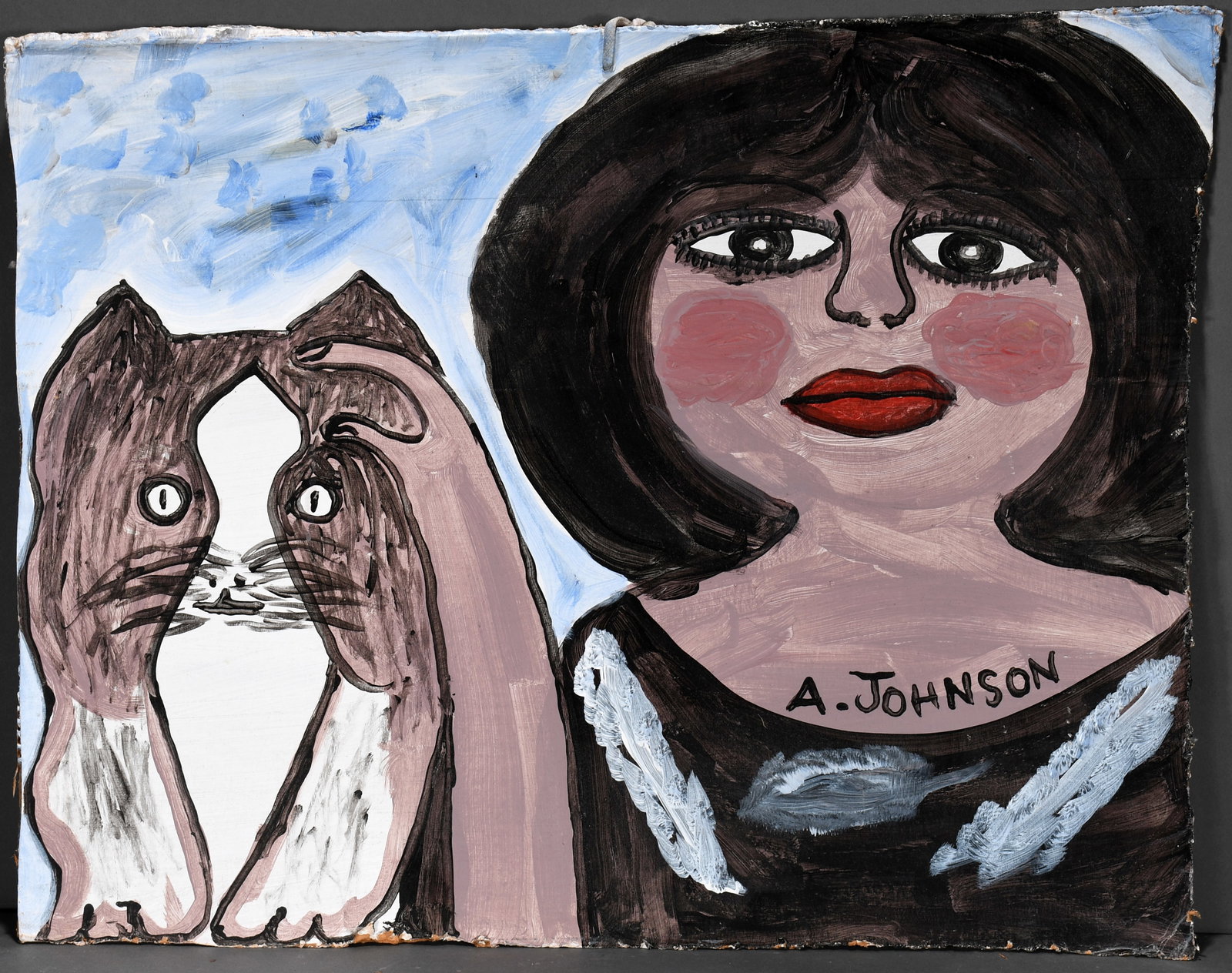 Anderson Johnson. Lady with Cat.: Anderson Johnson. Lady with Cat. Signed. Paint on found cardboard. Great condition. 28" w x 22" h. Provenance: The Gary Davenport Collection. Est. $200-300. Ship: $55