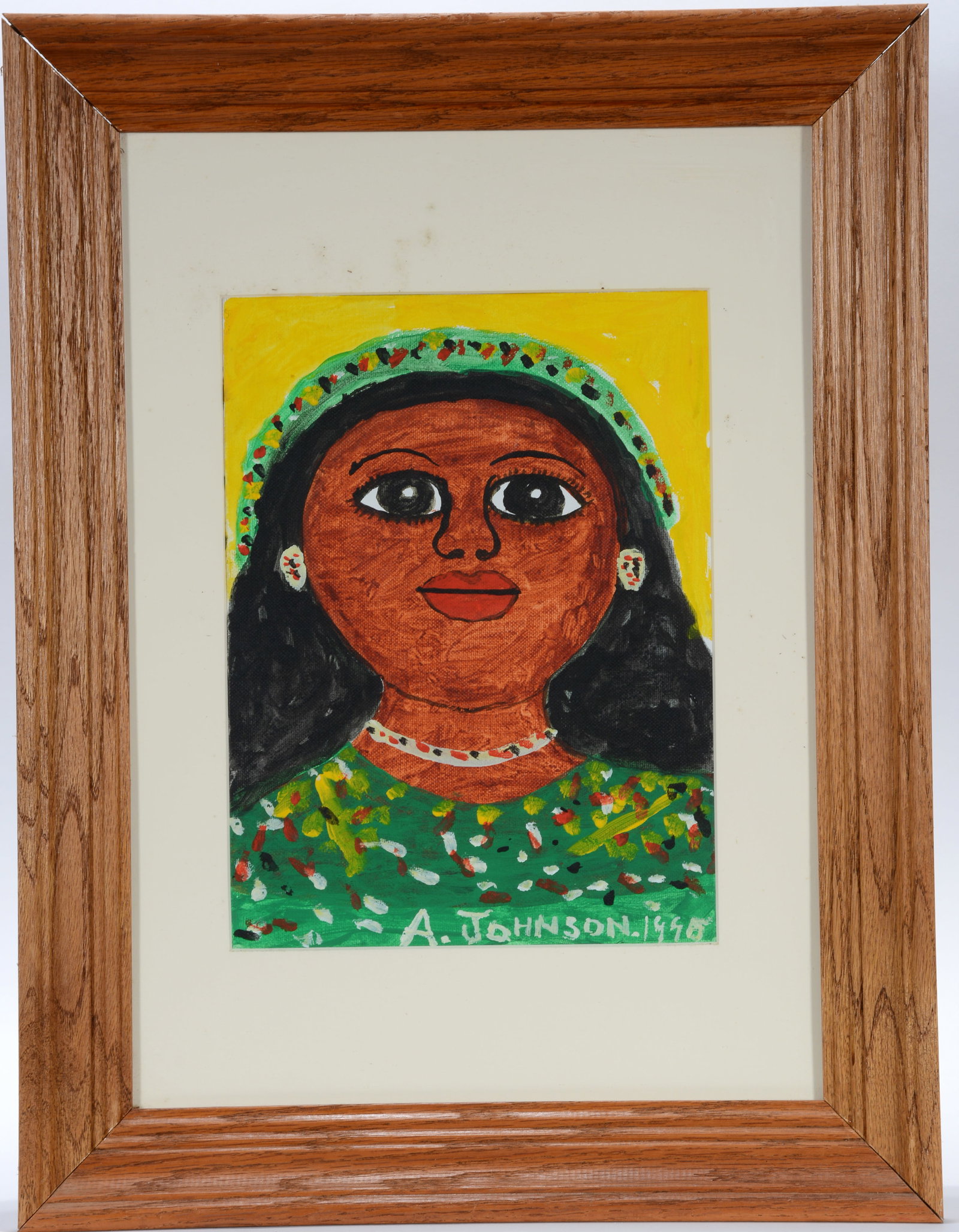 Anderson Johnson. Woman In Green Hat.: Anderson Johnson. Woman In Green Hat. 1995. Signed and dated. Paint on canvas panel. Excellent condition. Size with frame is 16" w x 21" h. Est. $100-200. Ship: $45