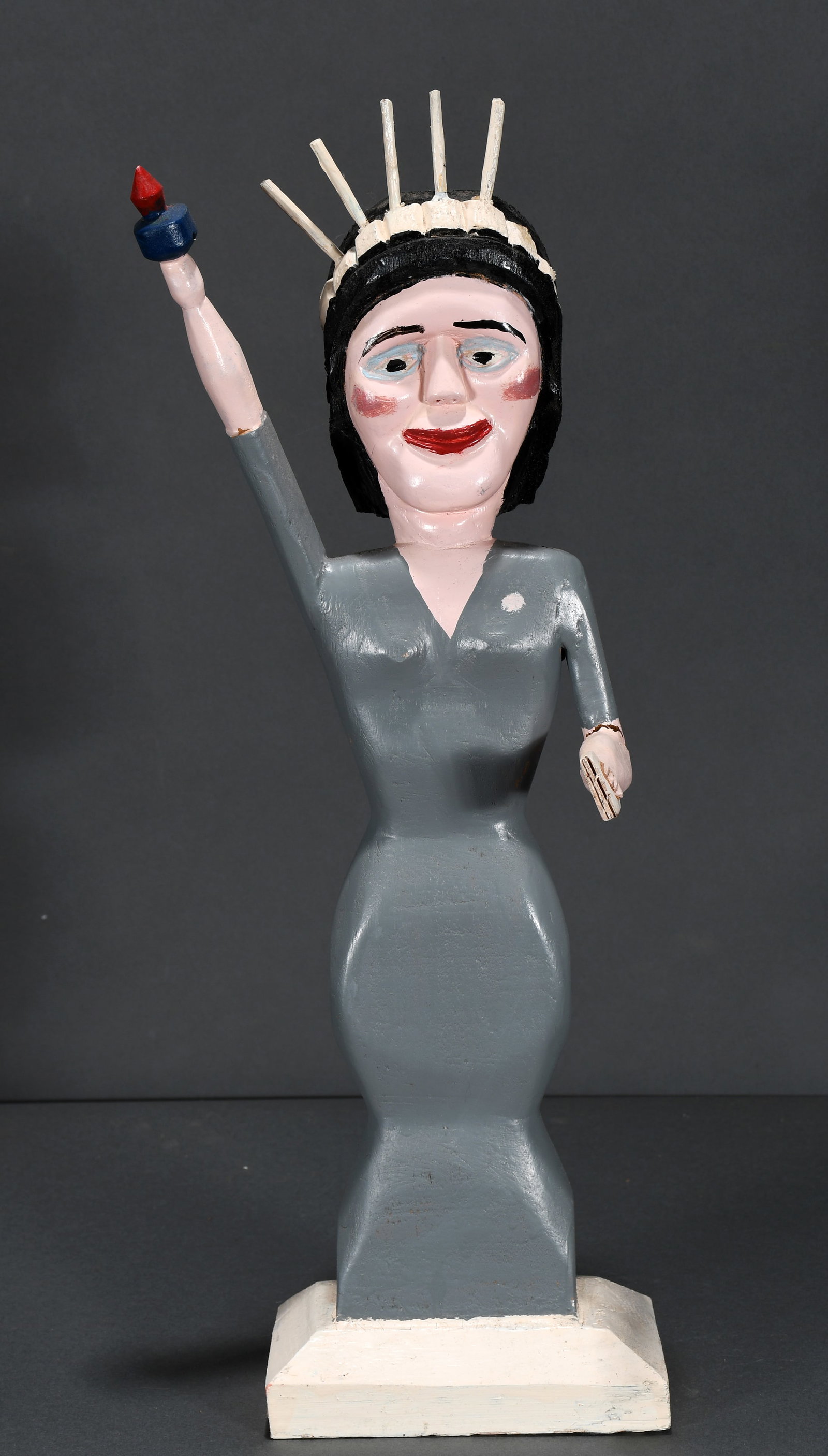 George Williams. Statue of Liberty.: George Williams. Statue of Liberty. Not signed. Carved and painted wood. Break and repair to left arm, and missing two crown spikes, overall good to fair condition. 21" h. Est. $300-500. Ship: $65