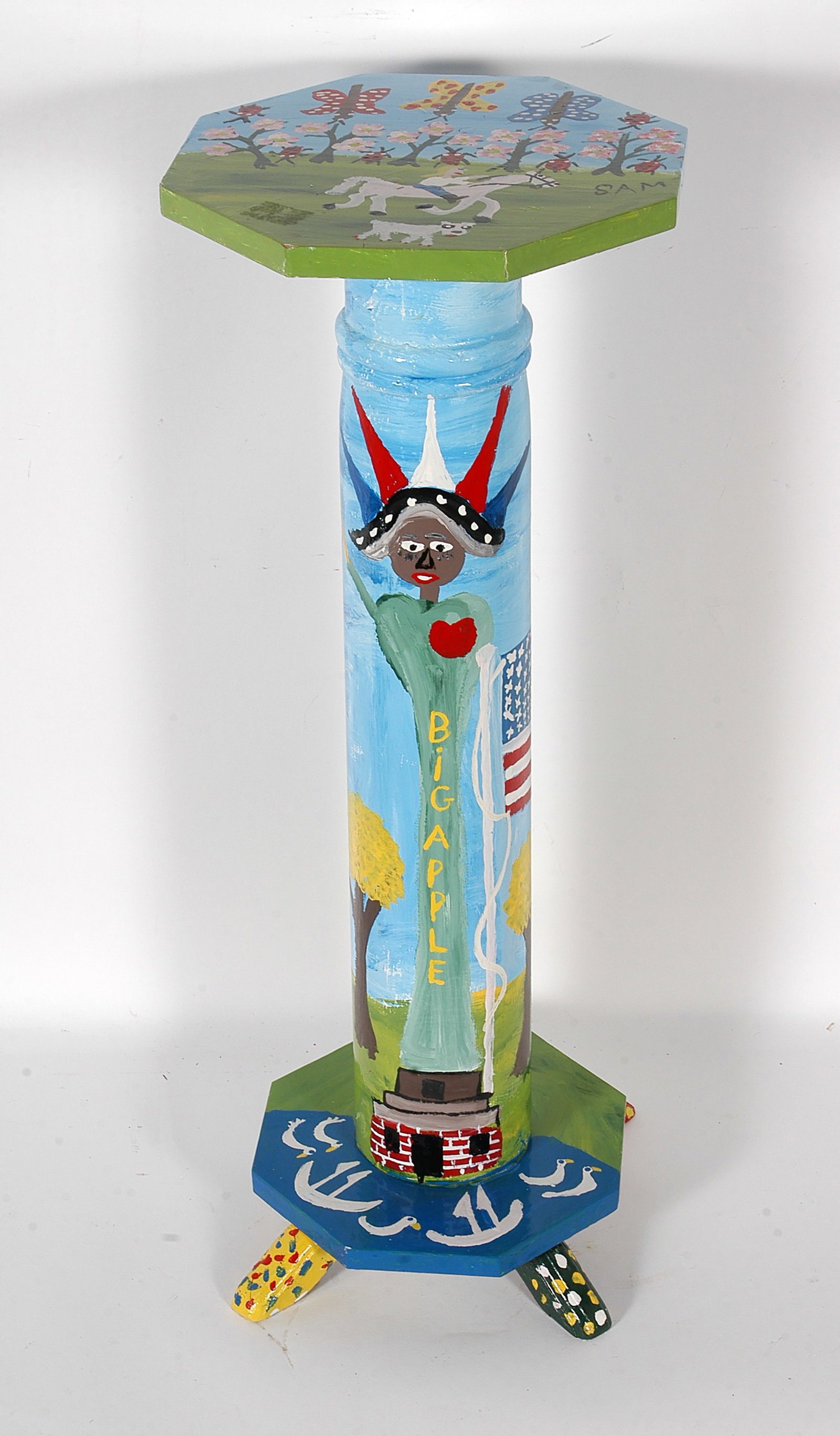 Sam McMillian. Big Apple Pedestal.: Sam McMillian. Big Apple Pedestal. Signed. Painted wooden pedestal. Excellent condition. 31" h x 12" x 12". Est. $100-300. Ship: $85