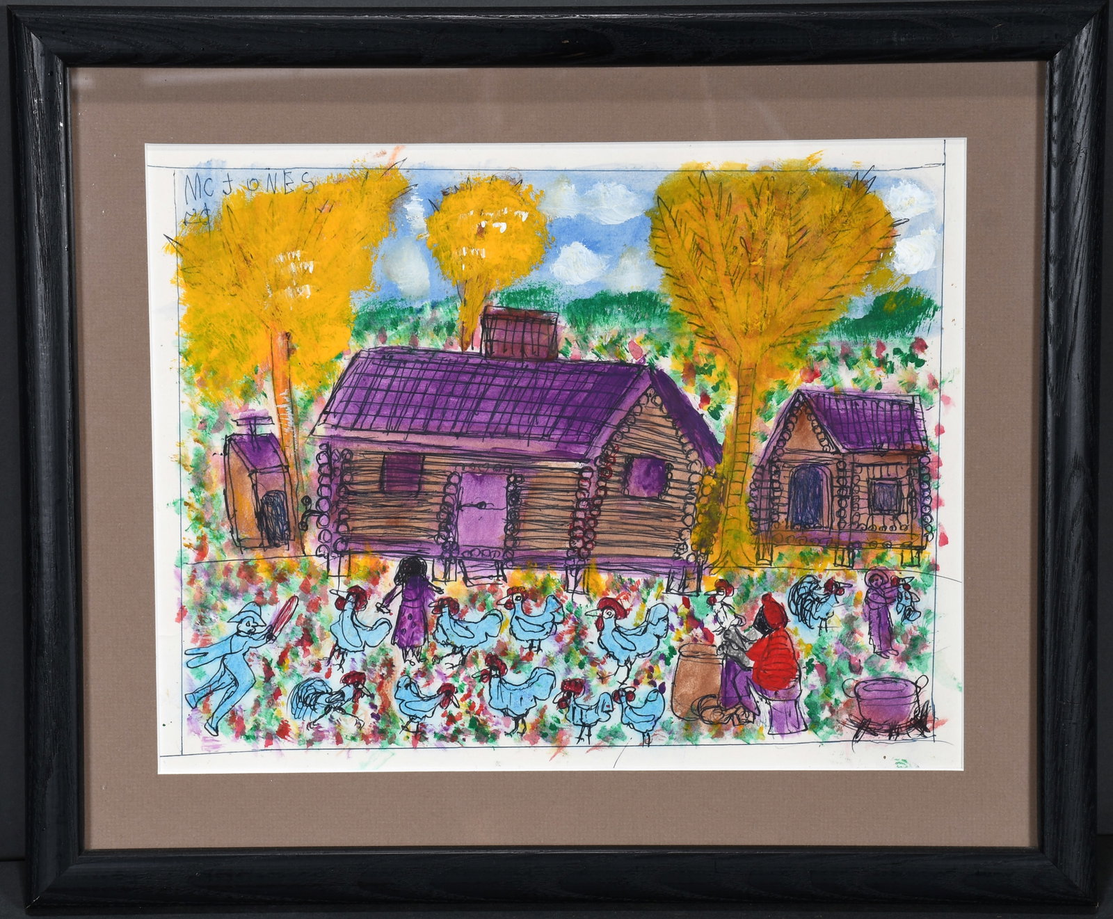M.C. 5 Cent Jones. Chickens in the Field.: M.C. 5 Cent Jones. Chickens in the Field. Signed. Paint and ink on paper. Excellent condition. Size with frame is 18" x 15". Est. $100-$200. Ship: $45