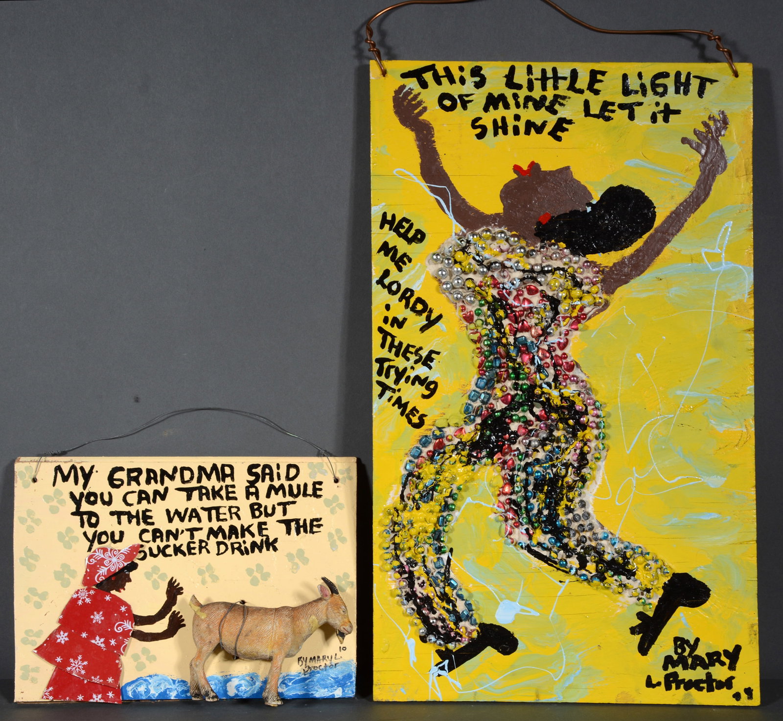 Mary Proctor. Pair of Works.: Mary Proctor. Pair of Works. 1999 and 2010. Signed and dated. Paint and mixed media on board. Great condition. Largest is 12" w x 21" h. Est. $100-200. Ship: $45