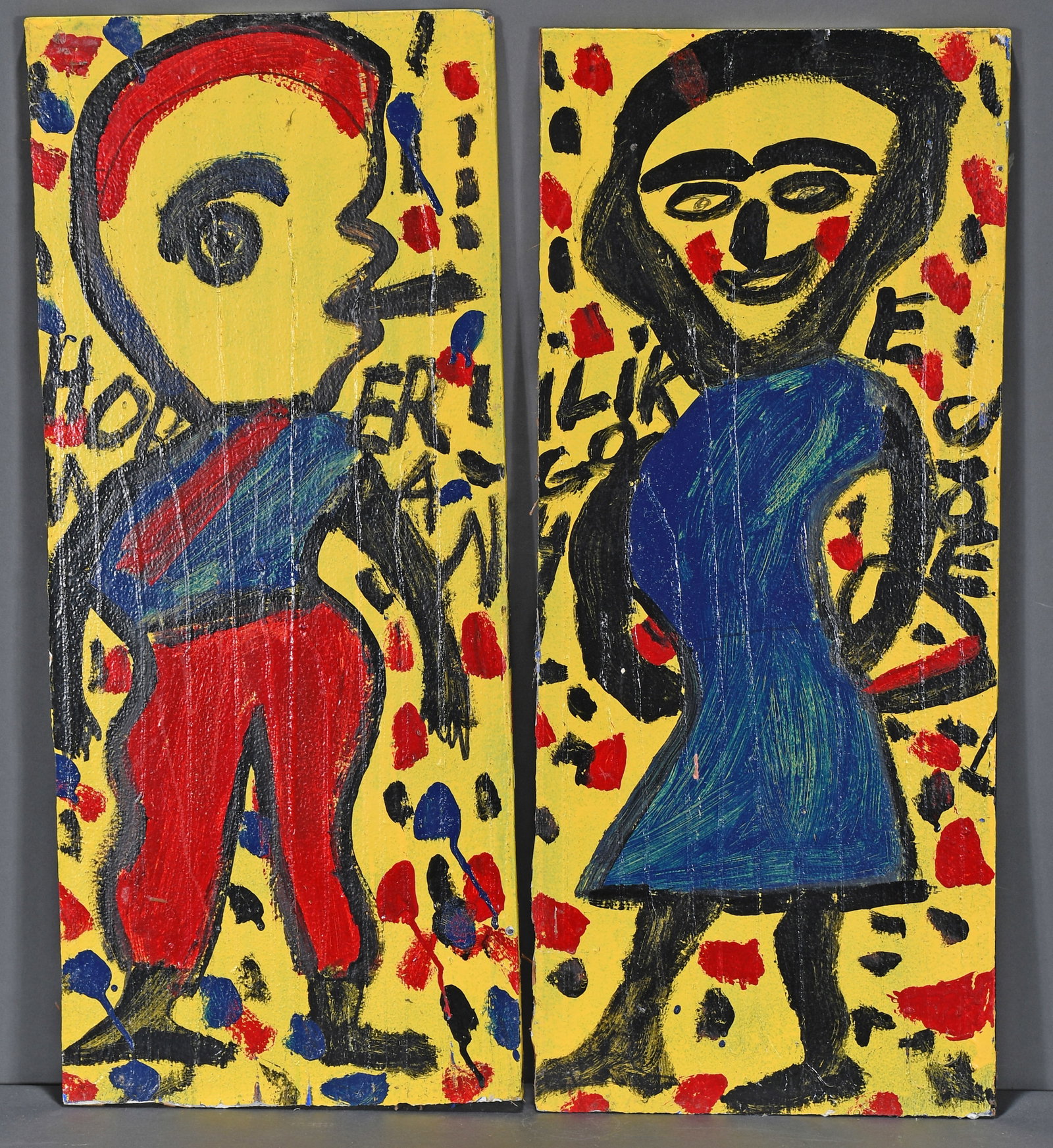 Willie Jinks. Hopper Man and Wife.: Willie Jinks. Hopper Man and Wife. Paint on found board. 12" x 28" each. Est. $300-500. Ship: $65