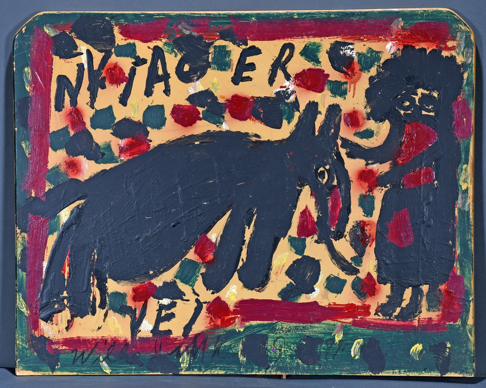 Willie Jinks. Woman with Dog.: Willie Jinks. Woman with Dog. Signed. Paint on found table top. Great condition. 34" x 27". Est. $500-800. Ship: $100