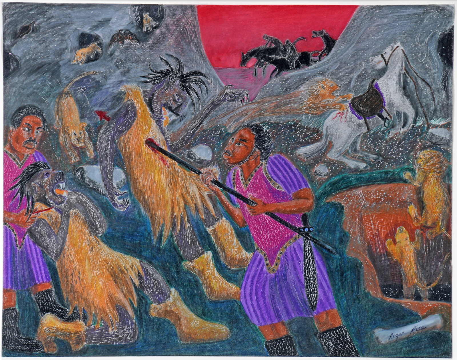 Roger Rice. The Mighty Men.: Roger Rice. The Mighty Men. Signed. Colored pencil on paper. Excellent condition. Size with frame 24" w x 22" h. Provenance: The Richard Harris African American Experience Collection. Est. $300-500. S