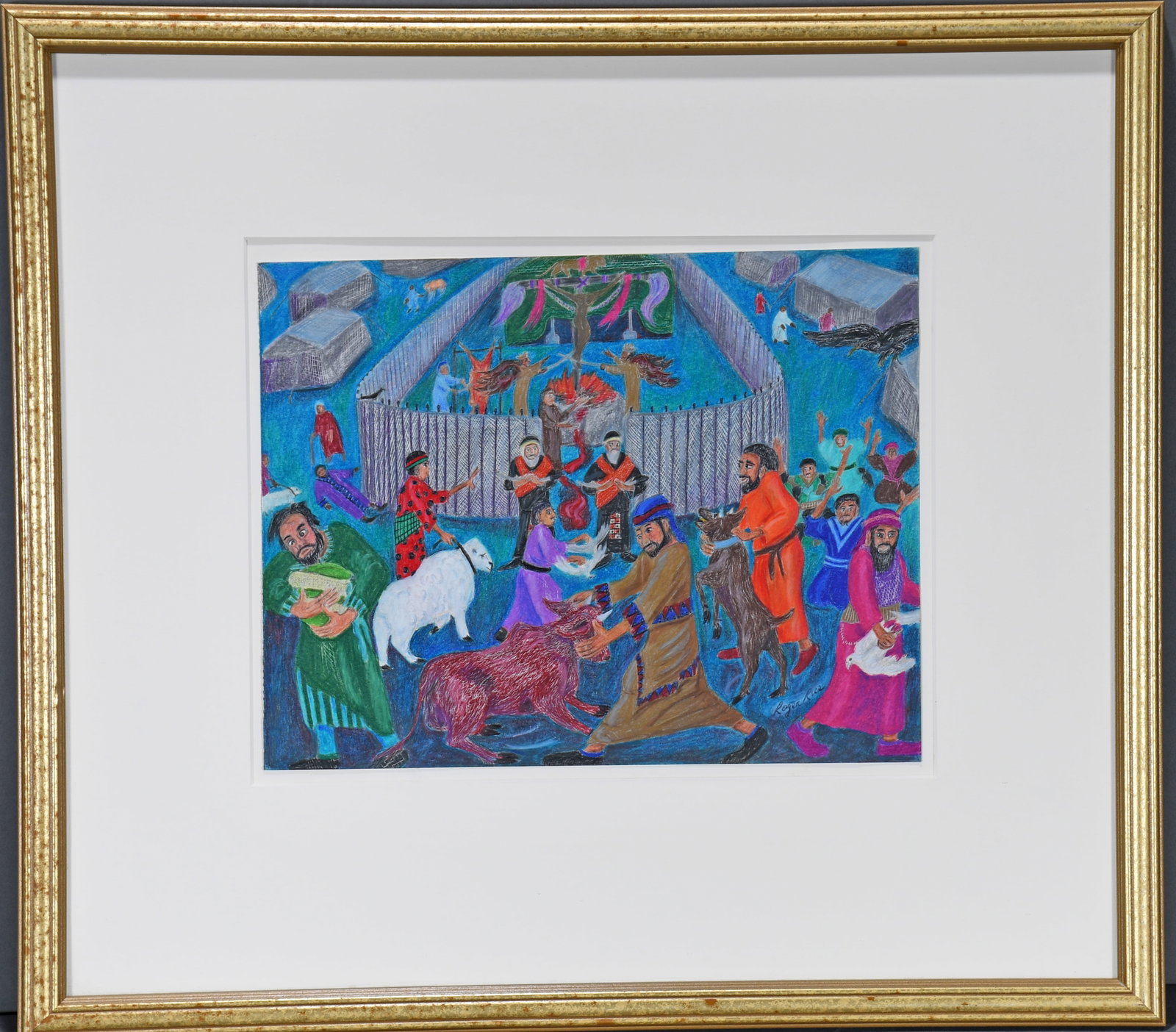 Roger Rice. The Sin Offering.: Roger Rice. The Sin Offering. Signed. Colored pencil on paper. Excellent condition. Size with frame 24" w x 21" h. Provenance: The Richard Harris African American Experience Collection. Est. $300-500.