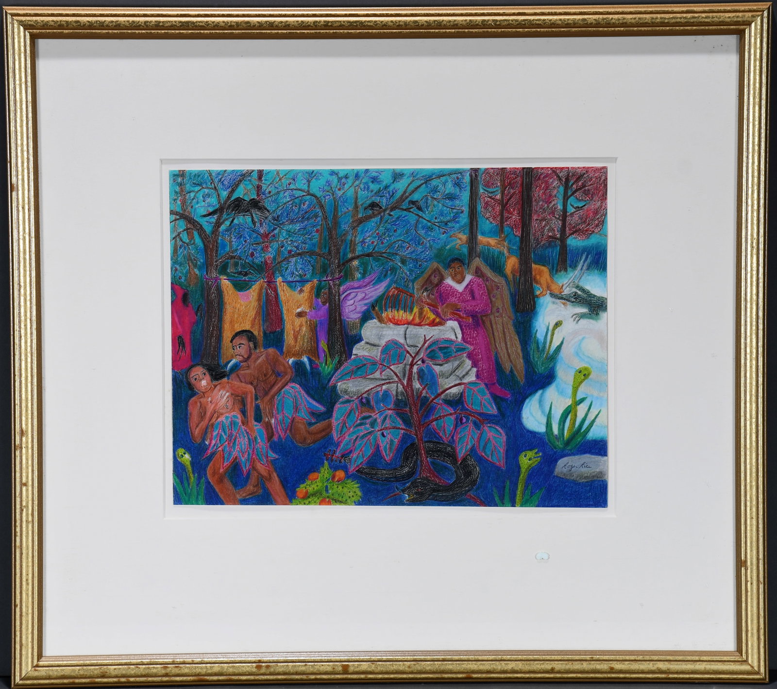 Roger Rice. A Sacrifice For Sin.: Roger Rice. A Sacrifice For Sin. Signed. Colored pencil on paper. Excellent condition. Size with frame 24" w x 21" h. Provenance: The Richard Harris African American Experience Collection. Est. $300-5