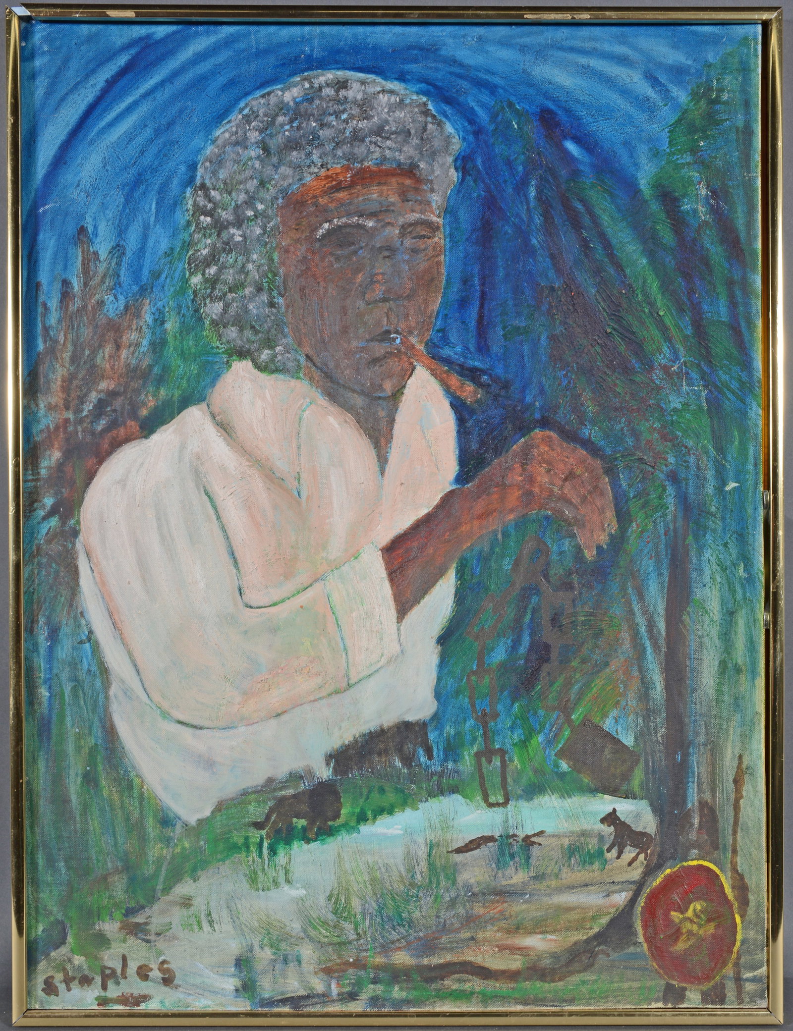 Staples the Trapper.: Unknown. Staples the Trapper. Signed. Paint on canvas panel. Some scratches, otherwise fair condition. 18" w x 24" h with frame. Est. $25-50. Ship: $35