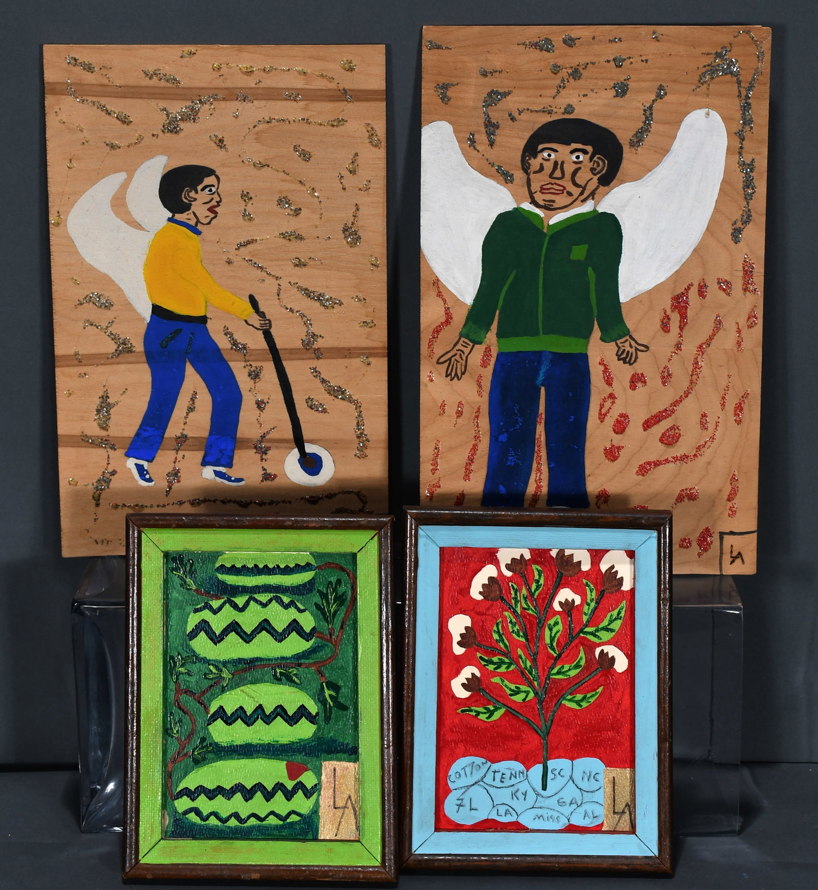 Leroy Almon. Group of 4 Artworks.: Leroy Almon. Group of 4 Artworks. 1983. Paint and glitter on mixed media. Good to fair condition. Largest is 8" x 15". Est. $50-100. Ship: $35