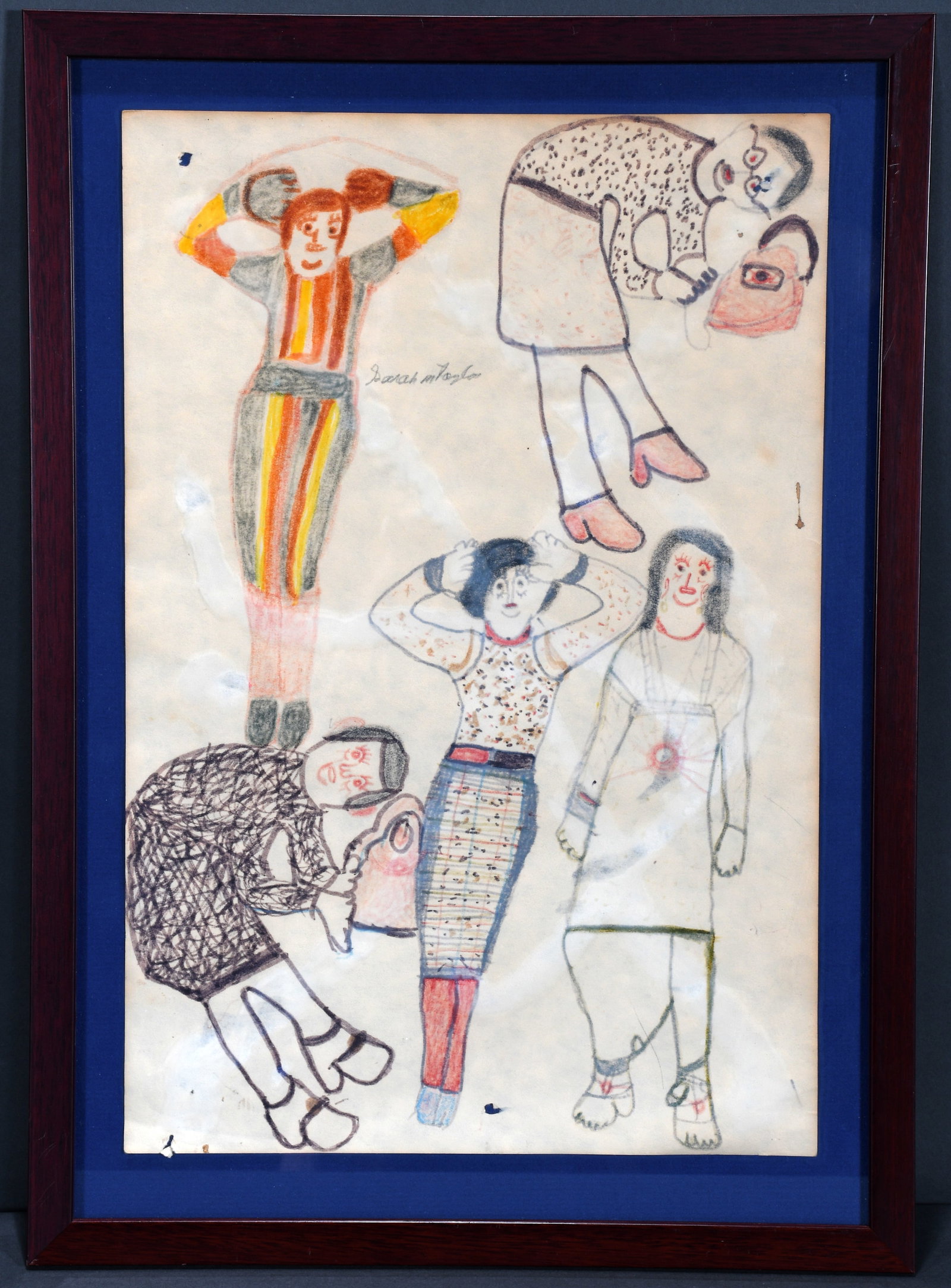 Sarah Mary Taylor. Five Female Figures.: Sarah Mary Taylor. Five Female Figures. Signed. Marker and crayon on paper. Poor condition. Size with frame is 15" x 21". Est. $50-$100. Ship: $45