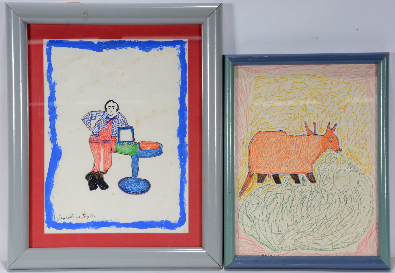 Sarah Mary Taylor. Pair of Drawings.: Sarah Mary Taylor. Pair of Drawings.Signed. Not dated. Mixed media on paper. Great condition. Average size with frames is 12" x 12". Est. $50-75. Ship: $35