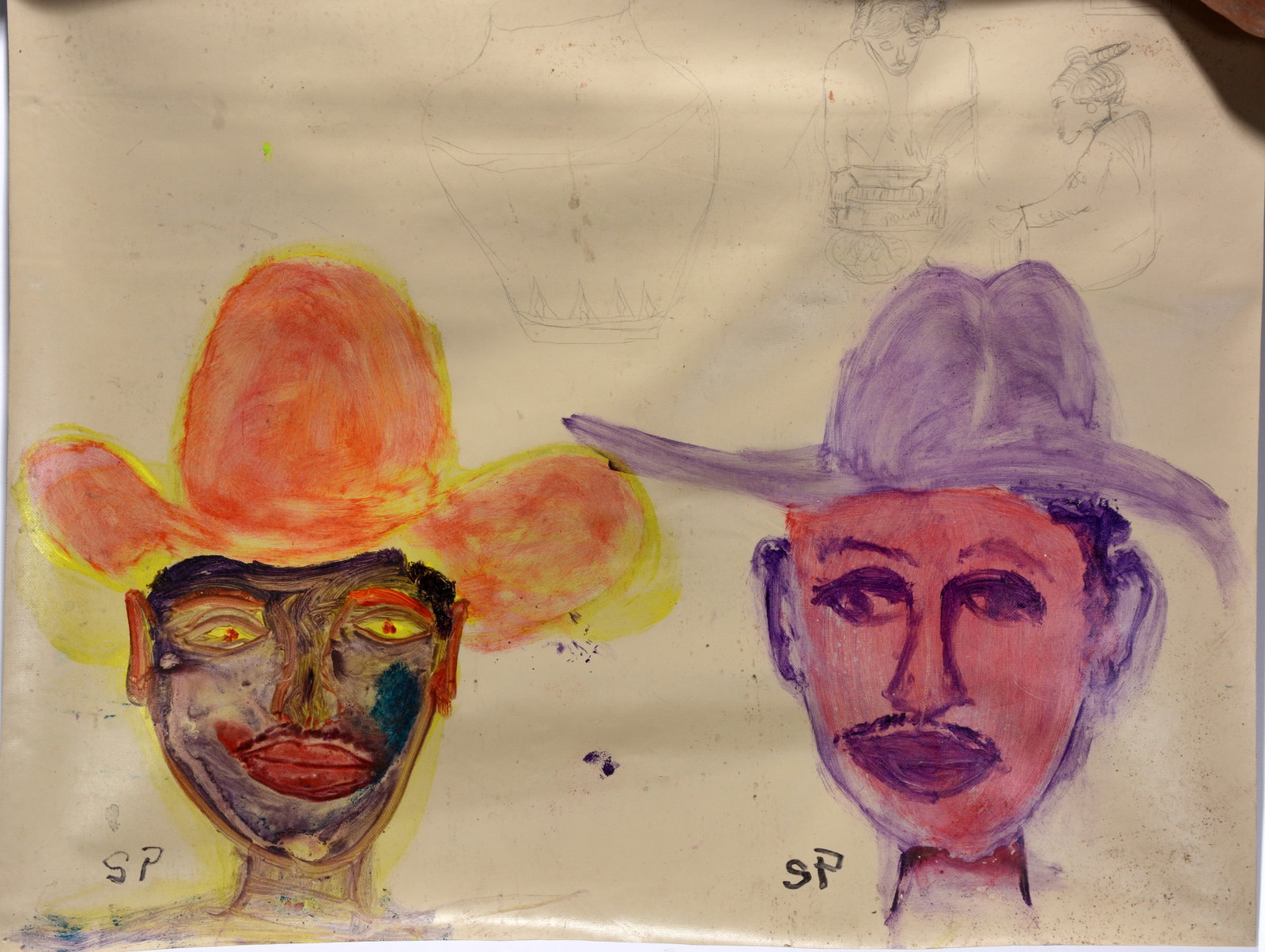Rev. Seymour Perkins. Cowboys.: Rev. Seymour Perkins. Cowboys. Initialed. Not dated. Paint on vinyl window shade. Great condition. 27" w x 23" h. Est. $200-400. Ship: $45