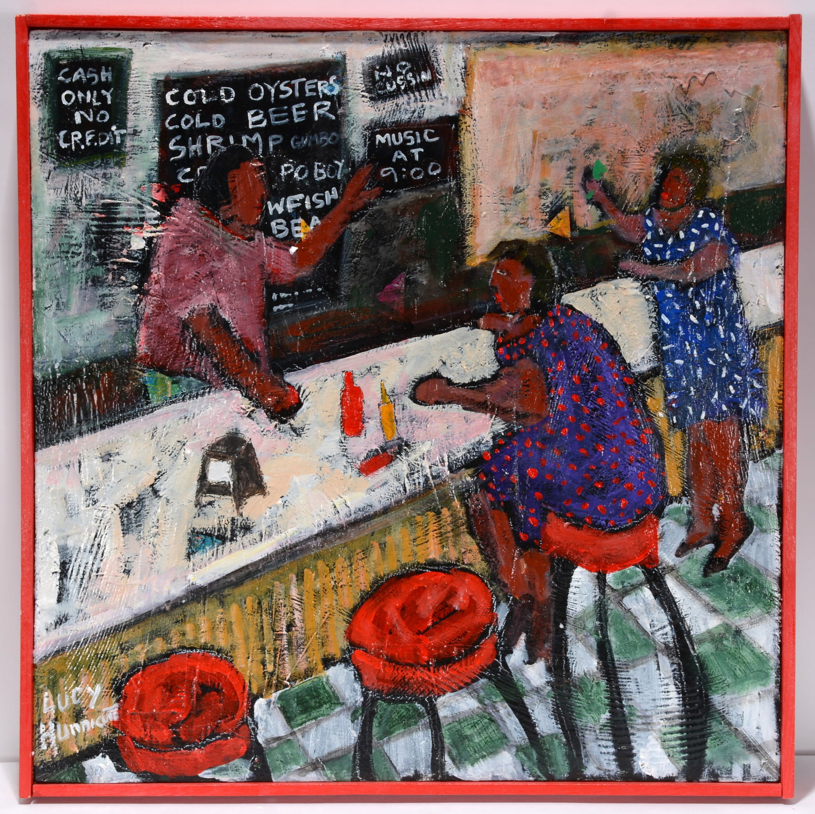 Lucy Hunnicutt. Money Talk.: Lucy Hunnicutt. Money Talk. Signed and titled. Oil on board. Excellent condition. 20" x 20". Est. $100-200. Ship: $45