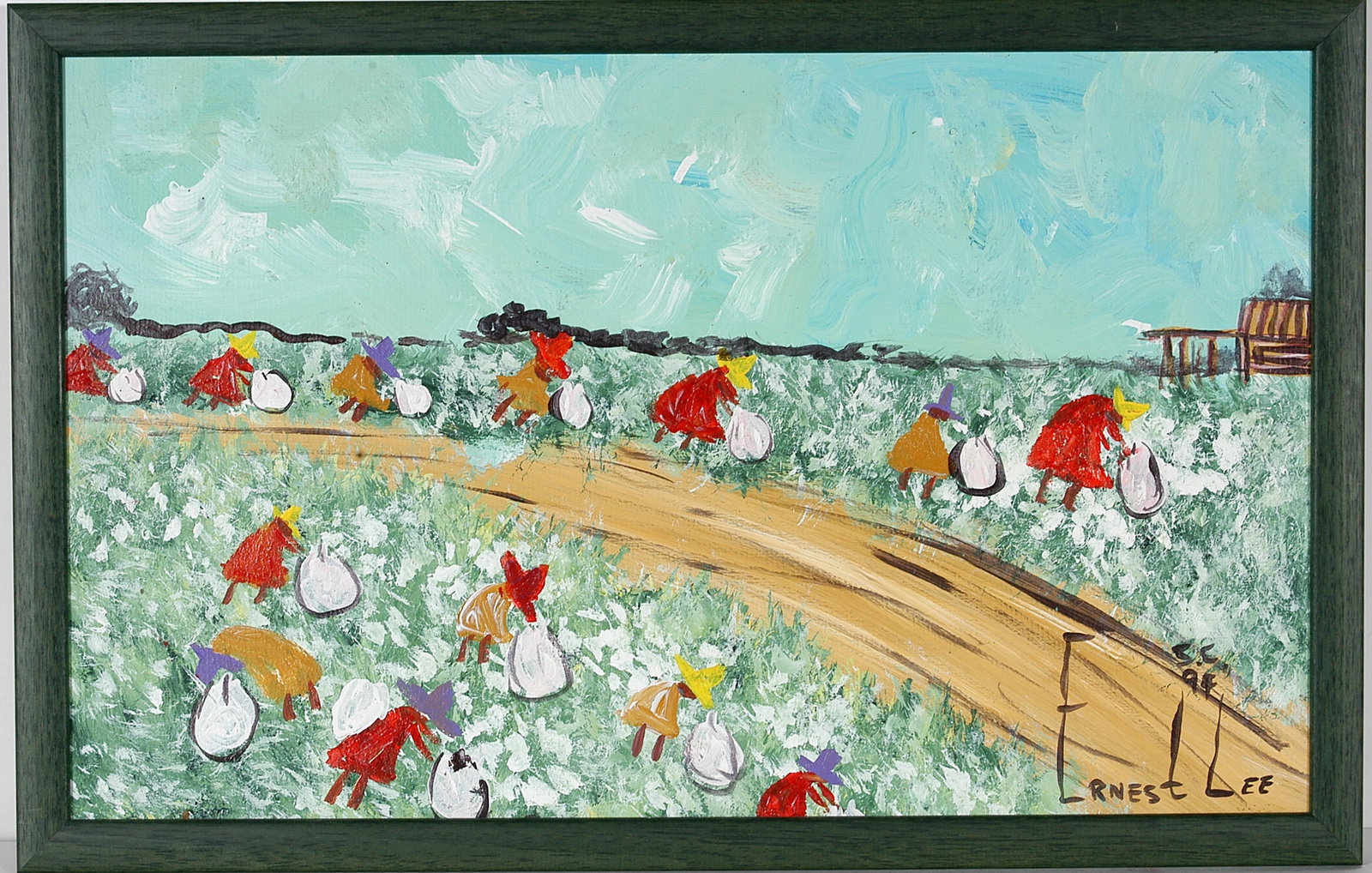 Ernest Lee. Picking Cotton.: Ernest Lee. Picking Cotton. 1997. Signed and dated. Paint on artist board. Excellent condition. 23" w x 15" h with frame. Est. $100-150. Ship: $35
