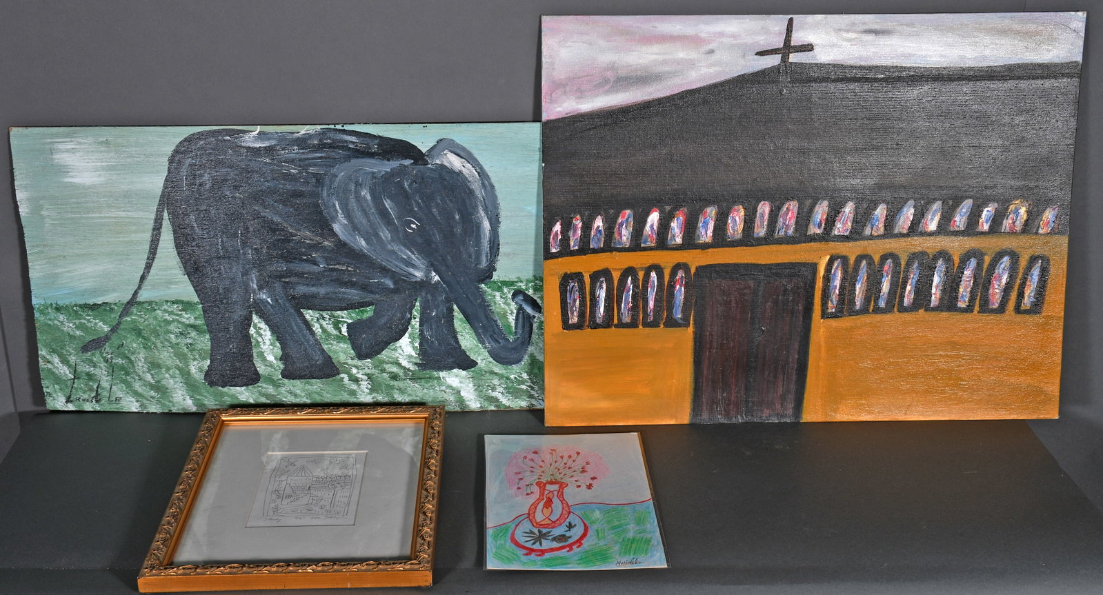 Earnest Lee, Alyne Harris, Jerry Coker, and Schlegel. Group of Four Works.: Earnest Lee, Alyne Harris, Jerry Coker, and Schlegel. Group of Four Works. Signed. Paint on mixed media. Great condition. Largest 28" x 22". Est. $100-$200. Ship: $65