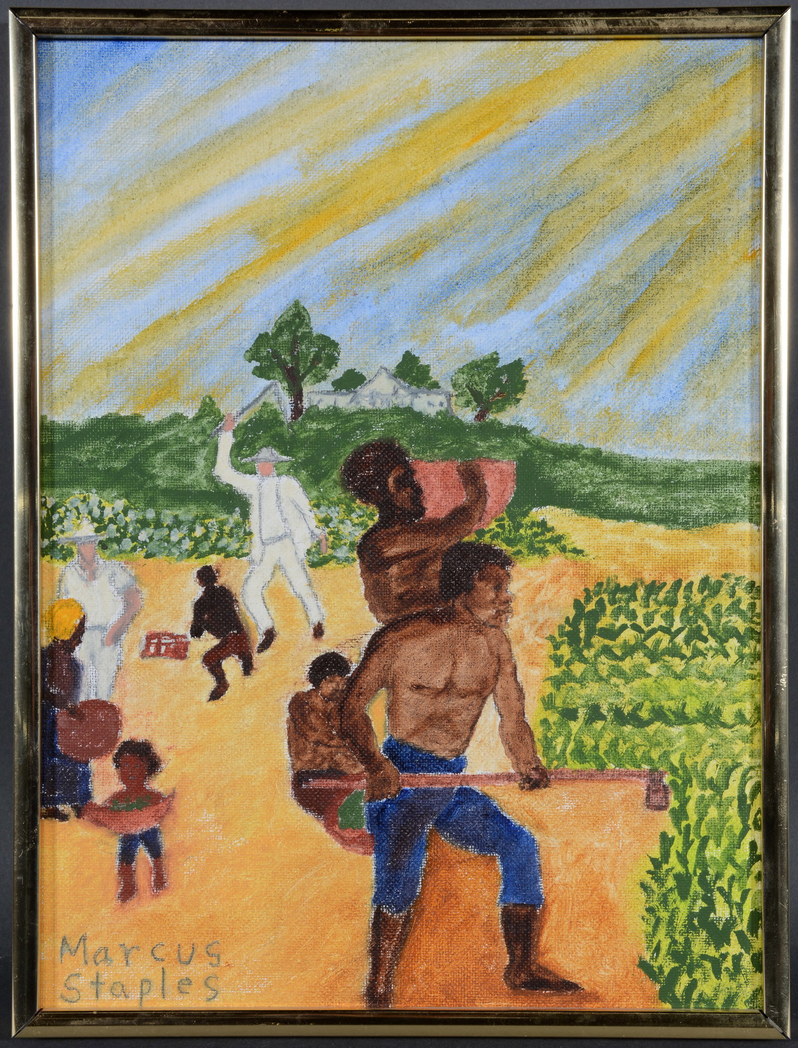 Marcus Staples. Plantation Scene.: Marcus Staples. Plantation Scene. Signed. Not dated. Oil on canvas panel. Great condition. 9" w x 12" h. Est. $25-50. Ship: $35