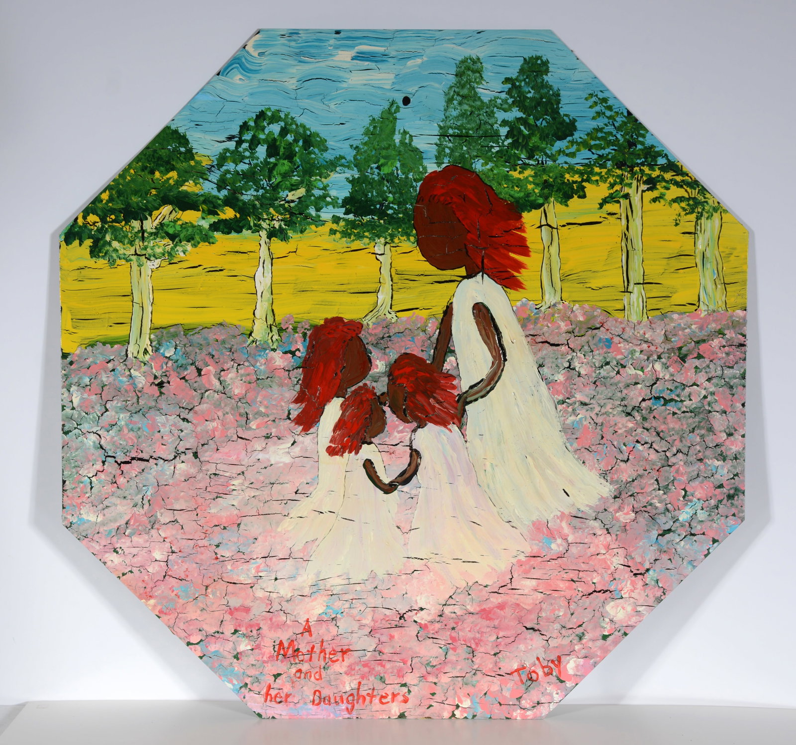 Toby Hollinghead. Mother and Daughter.: Toby Hollinghead. Mother and Daughter. Signed and titled. Paint on found metal stop sign. Excellent condition. 30" x 30". Provenance: Marcia Weber. Est. $100-200. Ship: $75