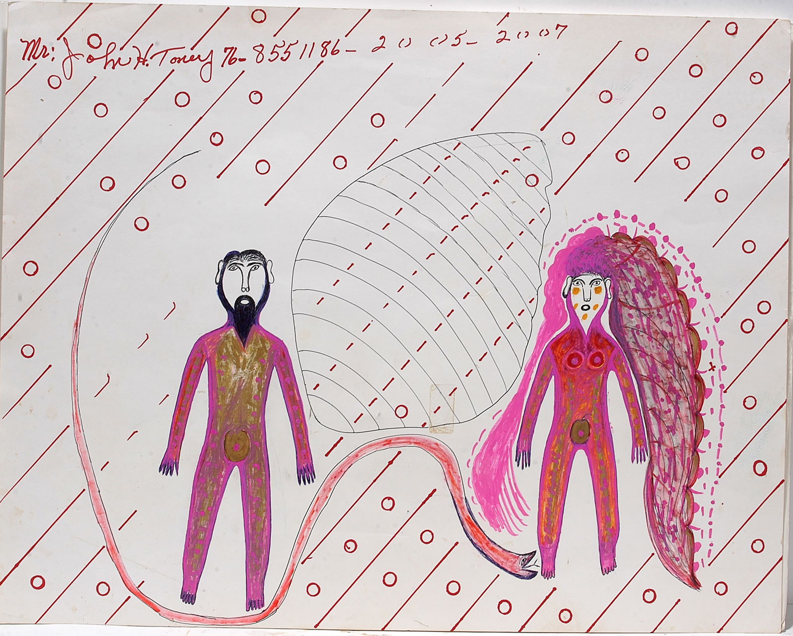 John Henry Toney. Adam and Eve With Serpents.: John Henry Toney. Adam and Eve With Serpents. 2007. Signed and dated. Mixed media on poster. 28" w x 22" h. Good condition with some creases at corners (as purchased from Toney). Est. $200-300. Ship: