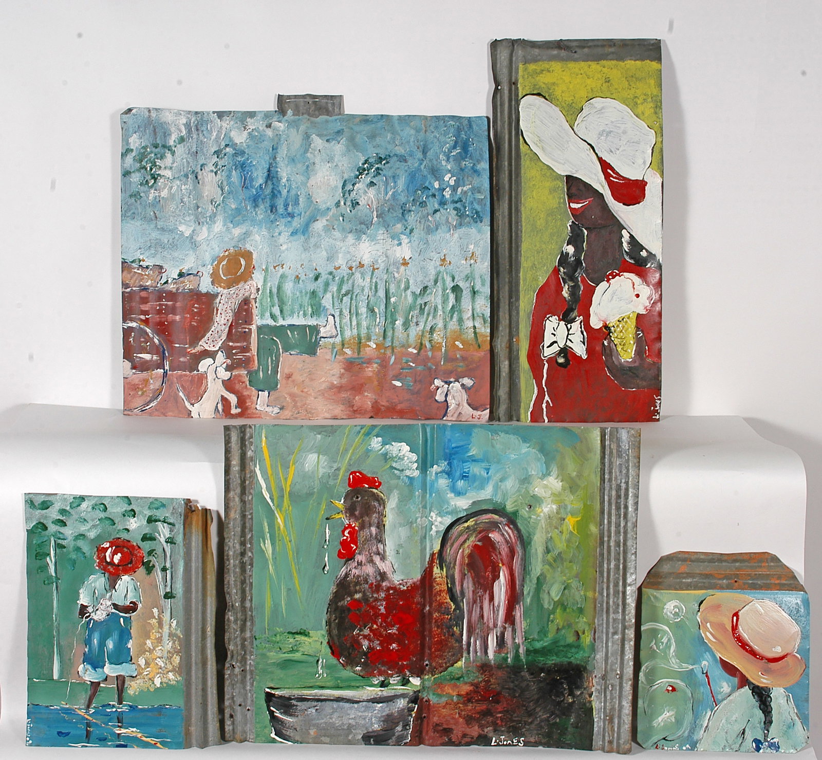 Leonard Jones. Group of Five Paintings.: Leonard Jones. Group of Five Paintings. Oil on metal. Largest is 27" x 23". Est. $100-200. Ship: $85