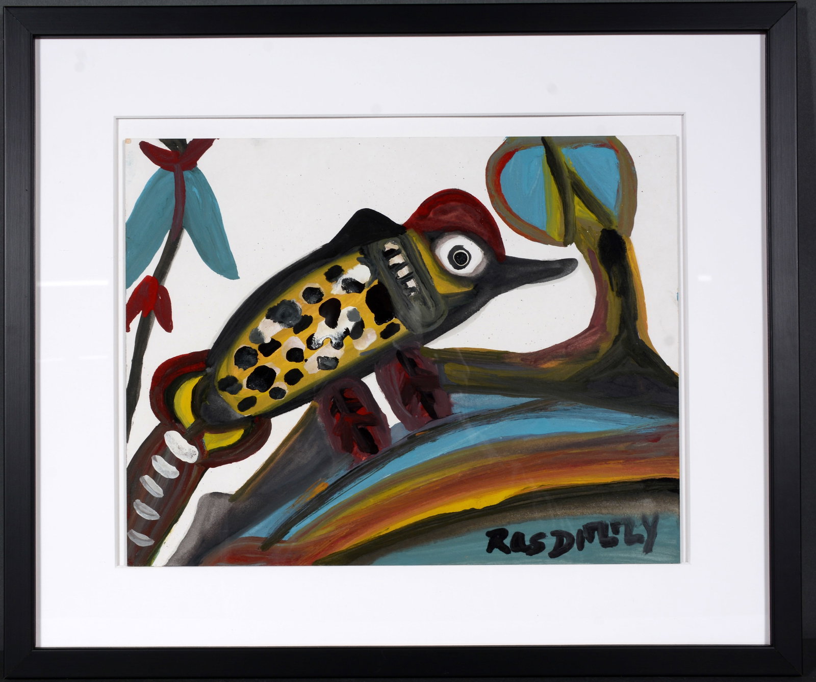 Ras Dizzy Untitled Bird.: Ras Dizzy. Untitled Bird. 1998. Signed. Tempera and oil on matboard. Excellent condition. 14.25" w x 11" h. Frame is 20" w x 17" h. Provenance: Cavin Morris Gallery, 1998. Est. $300-500. Ship: $45