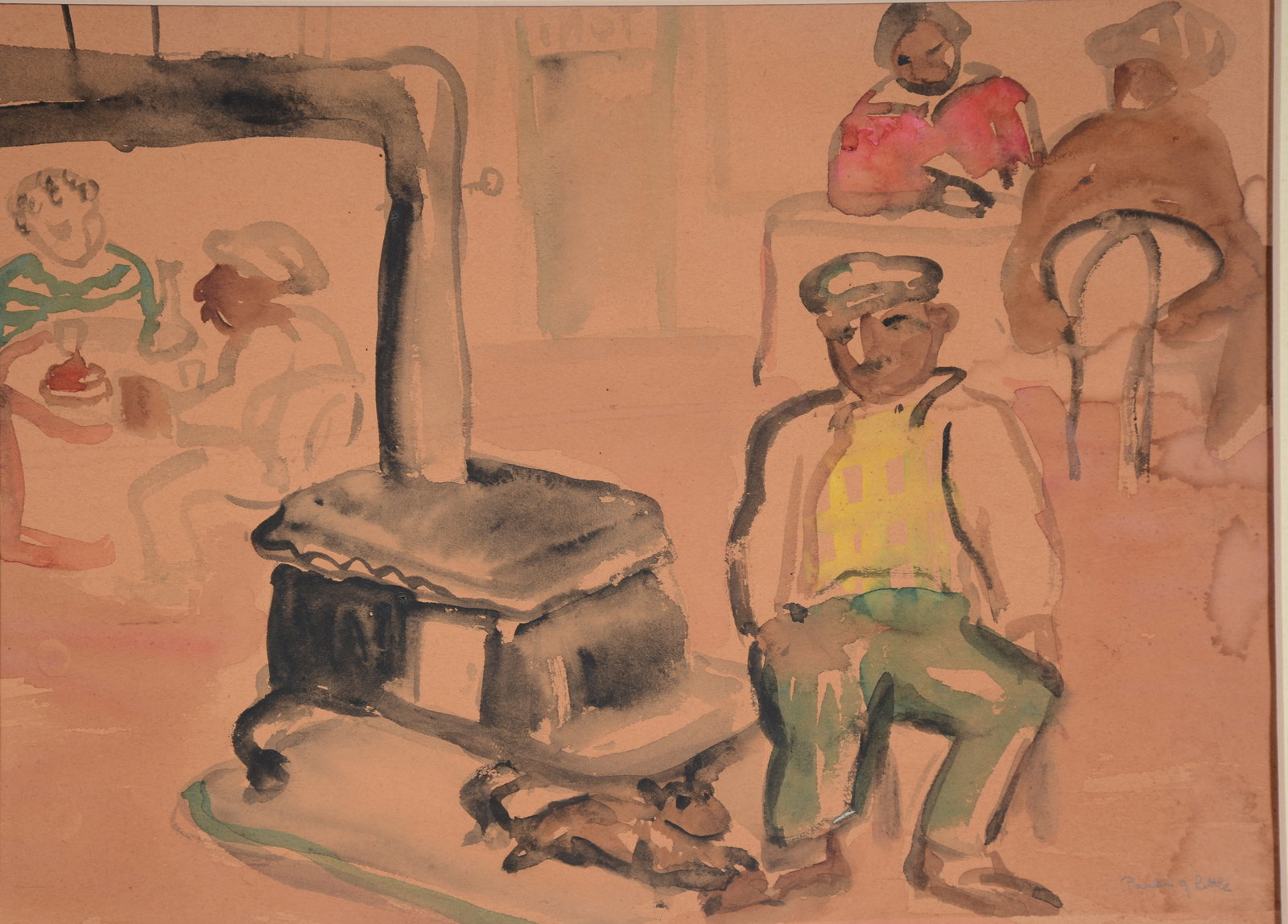 Pauline Graff Little Ozmun. Cafe Interior with African Americans.: Pauline Graff Little Ozmun (1902-1993). Cafe Interior with African Americans. c. 1940s. Watercolor on paper. Image is 15.5" w x 11" h. Frame is 21" w x 16" h. Excellent condition. Est. $200-300. Ship: