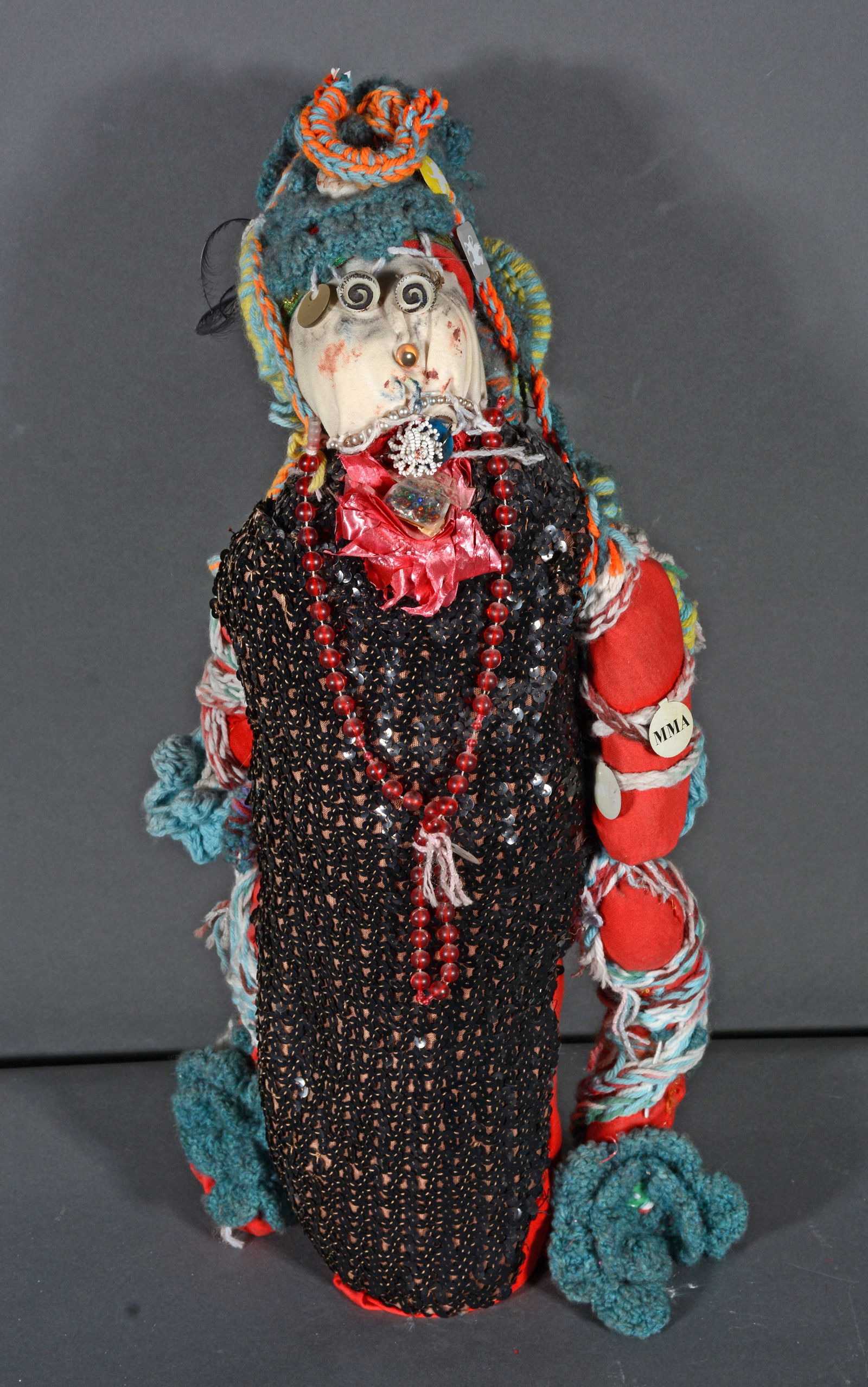 Unknown Doll.: Unknown. Doll. Not signed. Mixed media fabric over tin can with weights. Good condition. 23" h x 10" d. Est. $100-150. Ship: $55